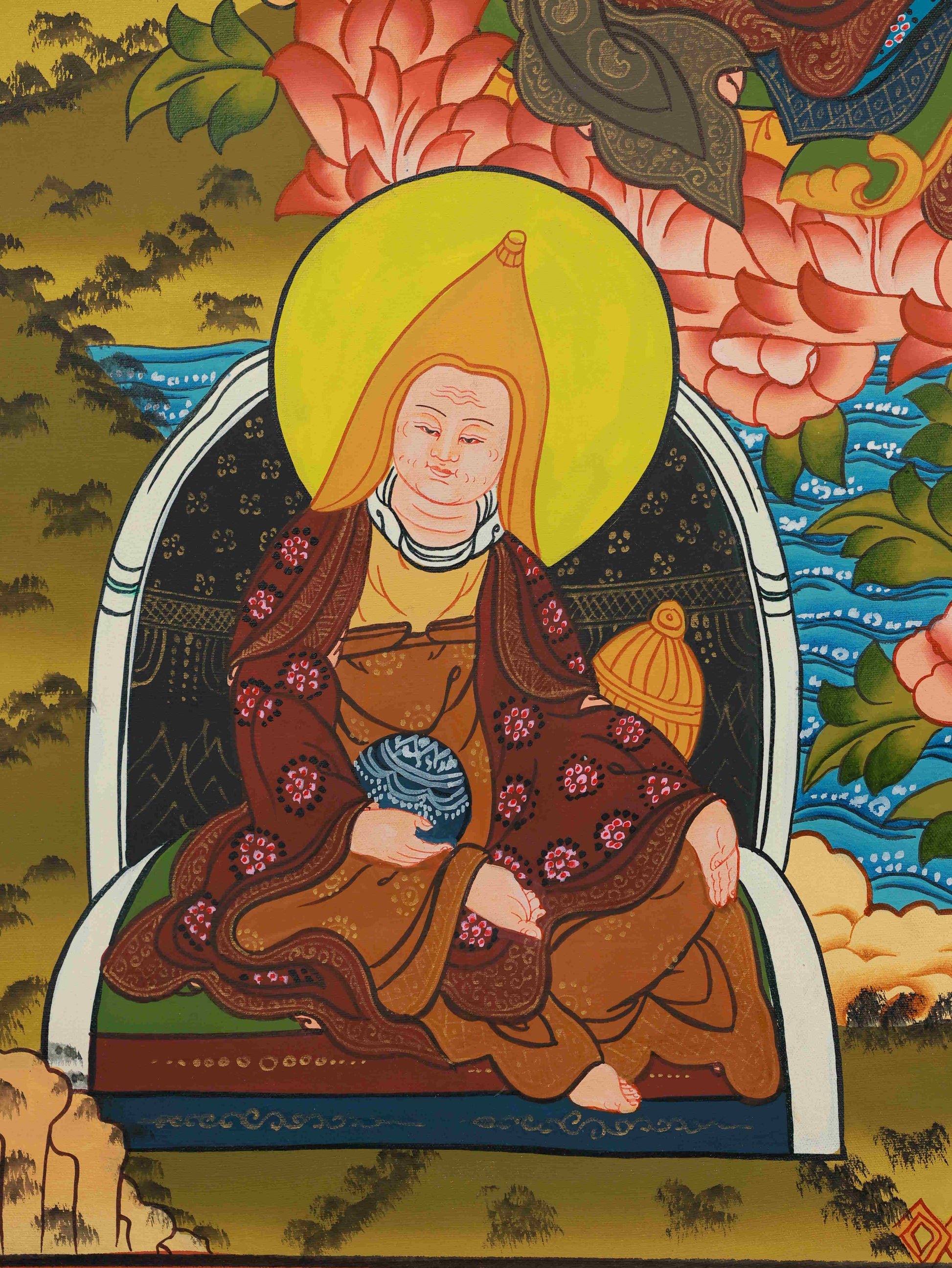 Tibetan-Buddhist Guru Rinpoche Thangka, handcrafted Tibetan Buddha art representing wisdom and spiritual awakening.