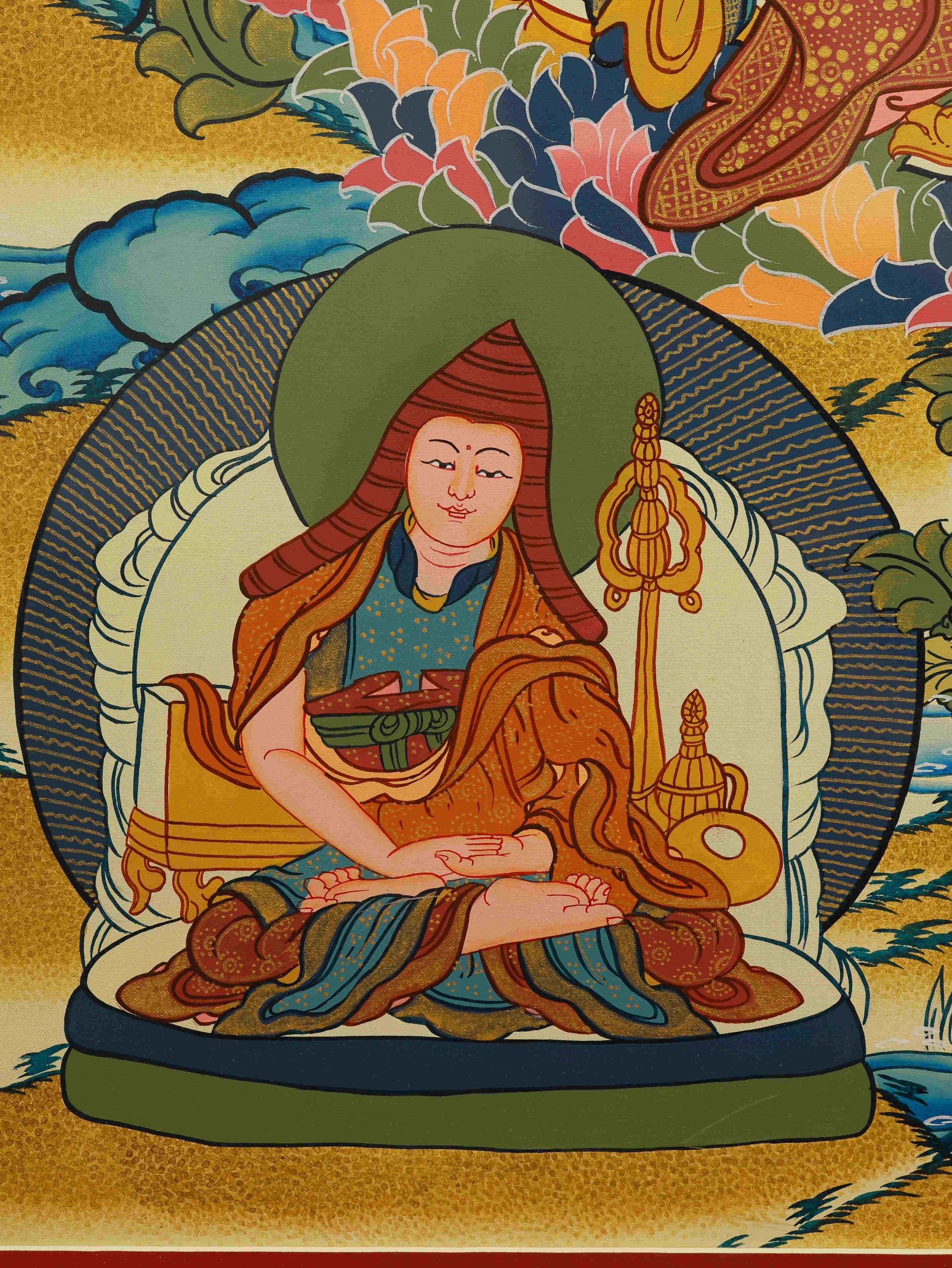 Tibetan Buddhist Thangka of Guru Rinpoche offering blessings for wisdom and obstacle removal.