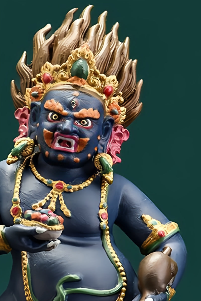 Authentic Tibetan Buddhist Black Jambhala statue, hand-painted copper Buddha art, revered as the wealth deity in Tibetan tradition.