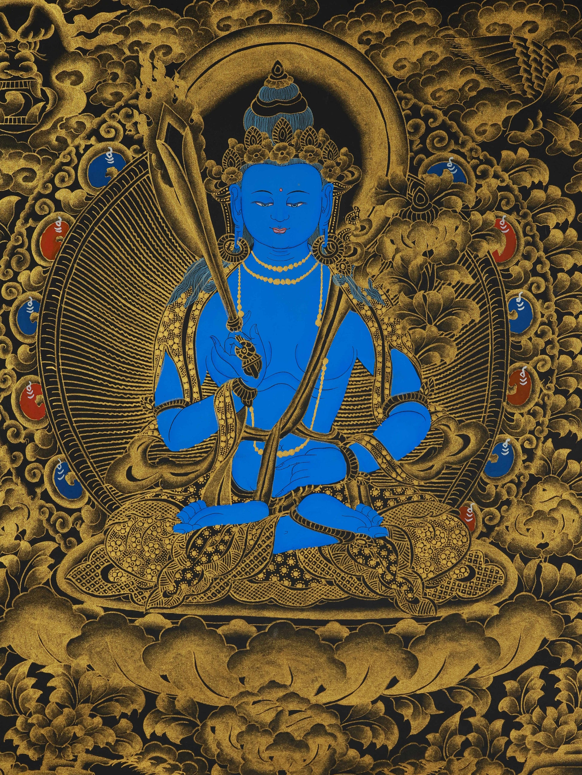 Tibetan Thangka Painting of Akasagarbha in Black and Gold on canvas – traditional Buddhist sacred art.