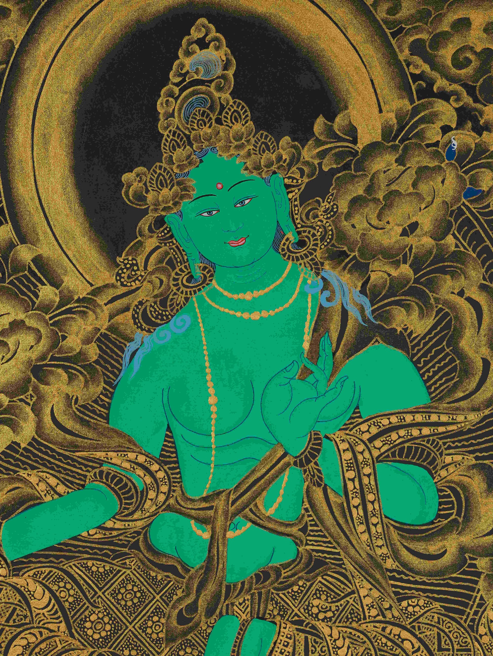 Black and Gold Tibetan Thangka Painting of Green Tara – handcrafted Buddhist art symbolizing swift compassion.