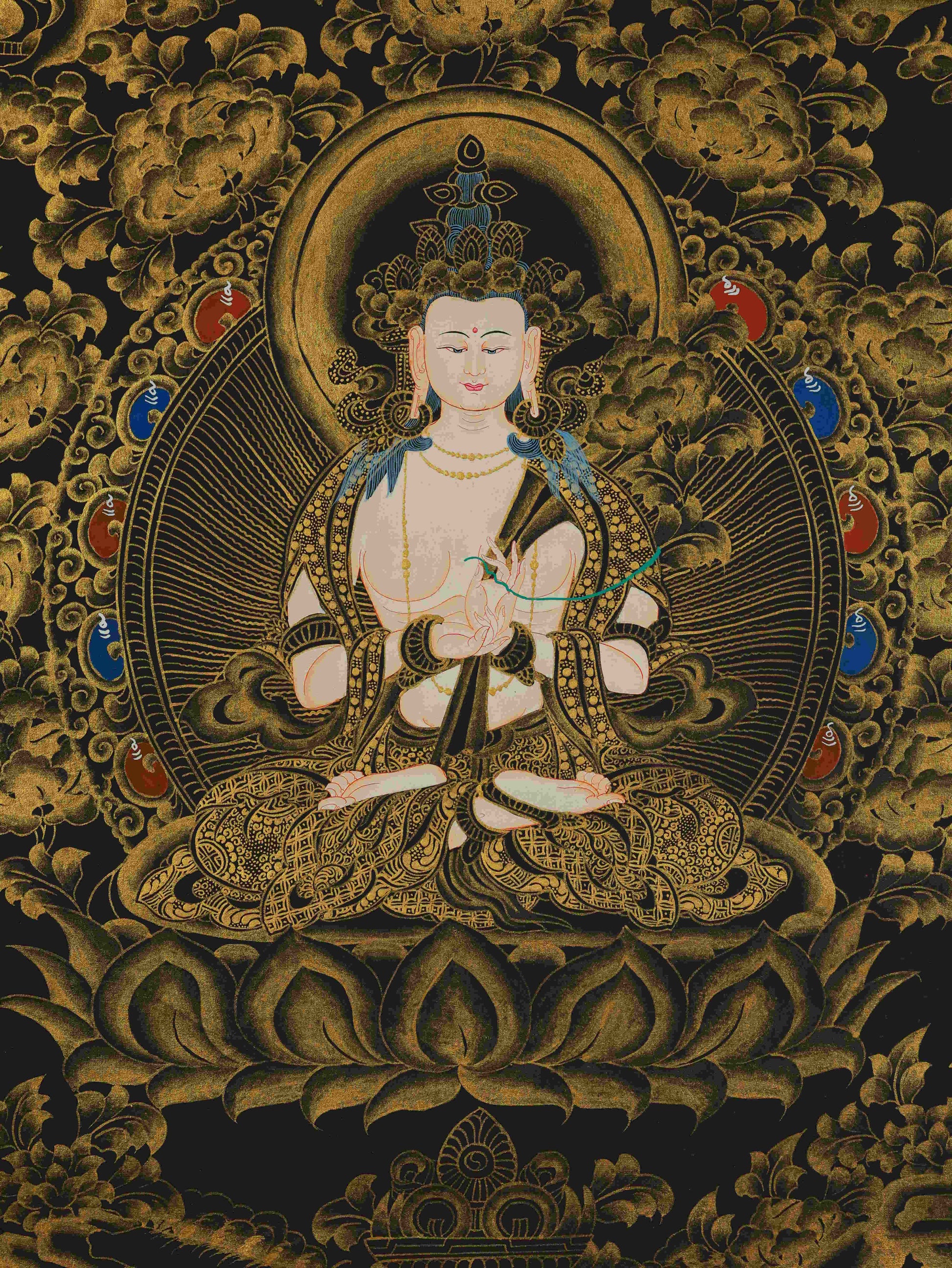 Hand-painted Black and Gold Samantabhadra Tibetan Thangka – sacred Buddhist thangka painting by Tibetan artisans.