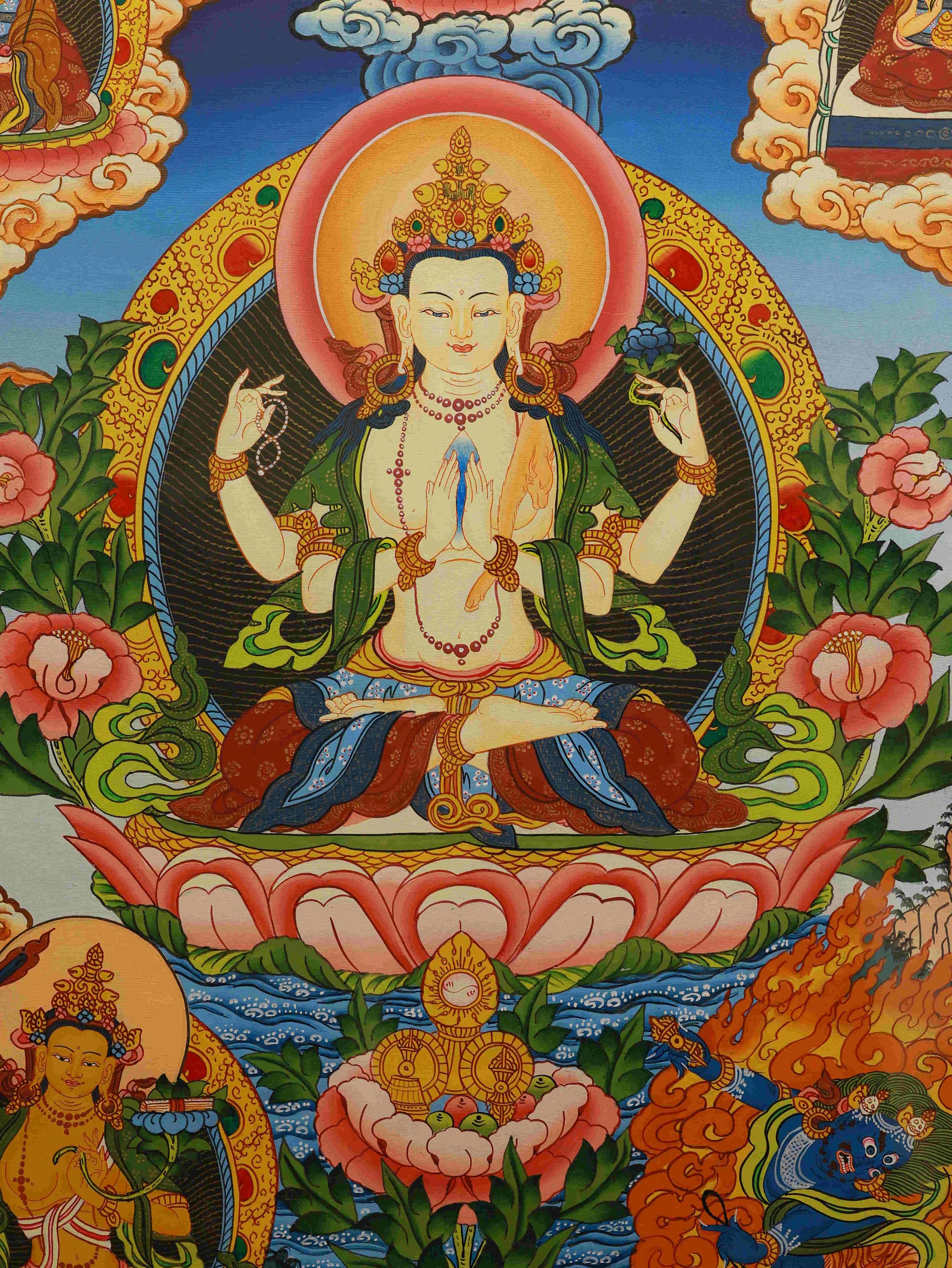 Handcrafted Tibetan Thangka depicting Four-Armed Guanyin for spiritual blessings.