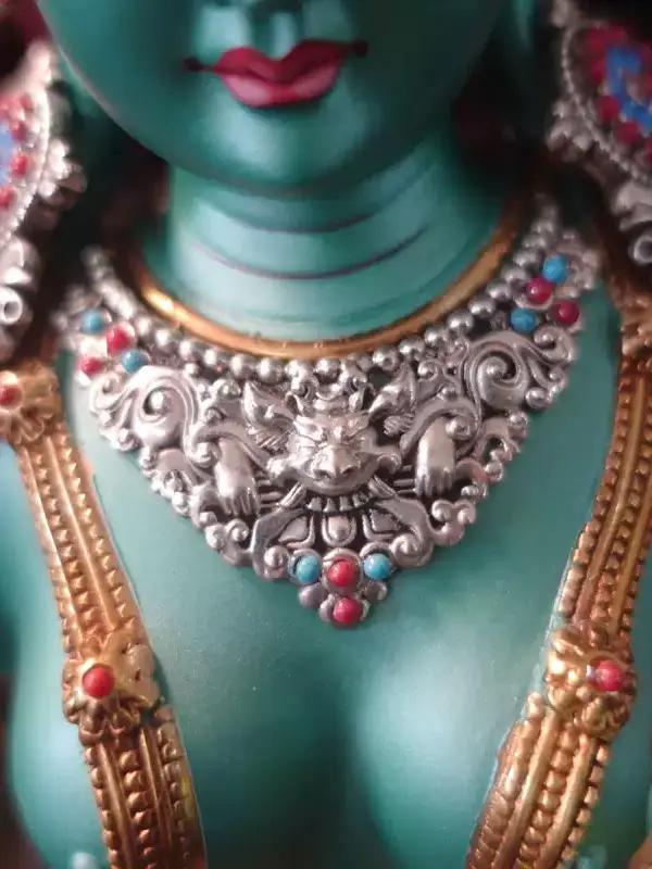 Tibetan-buddhist Green Tara deity statue, handmade copper figure with detailed hand-painting, representing Tibetan Buddha art of compassion and longevity.