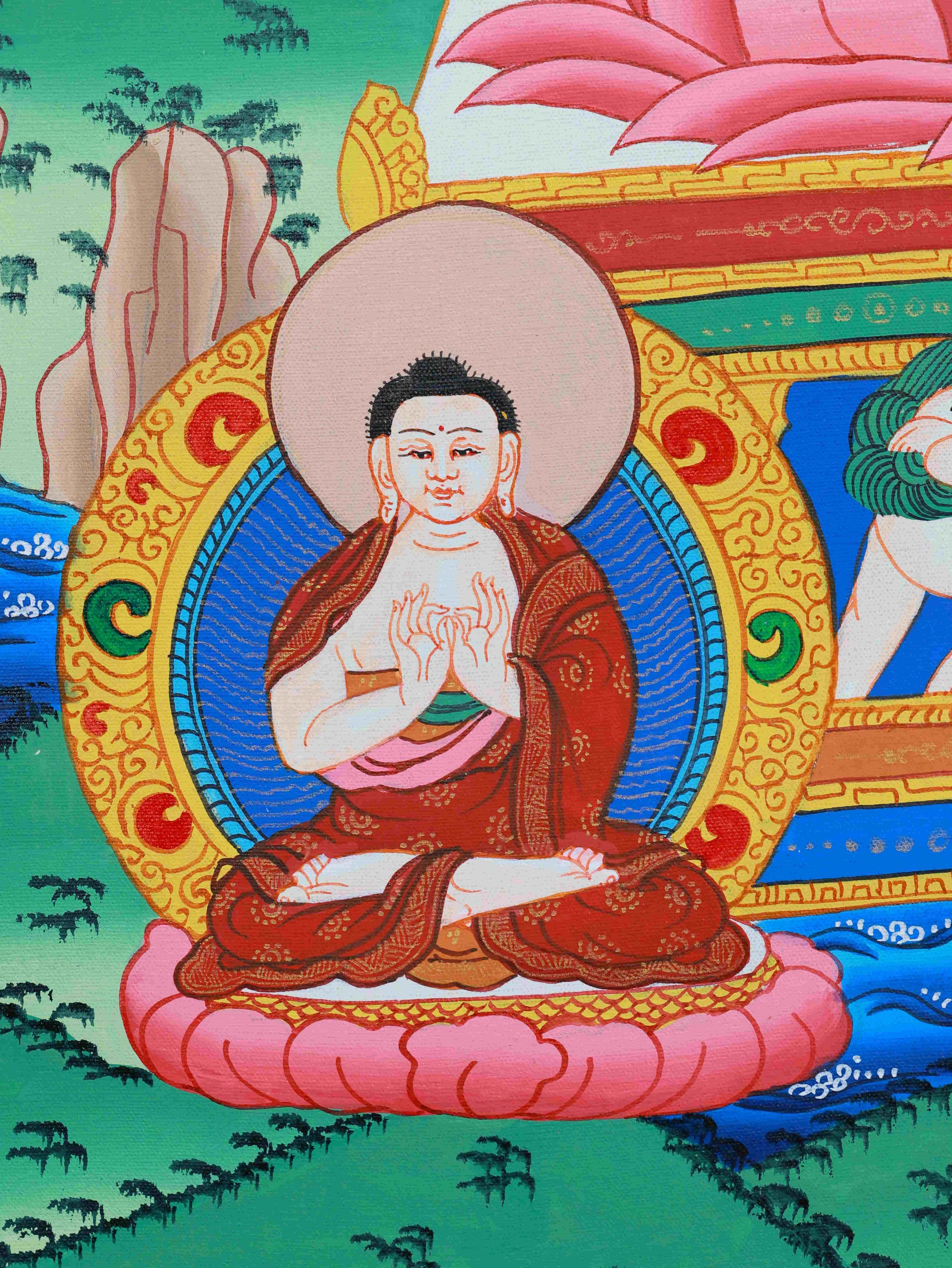 Traditional handmade Tibetan Thangka painting of Medicine Buddha, ideal for meditation and spiritual healing.