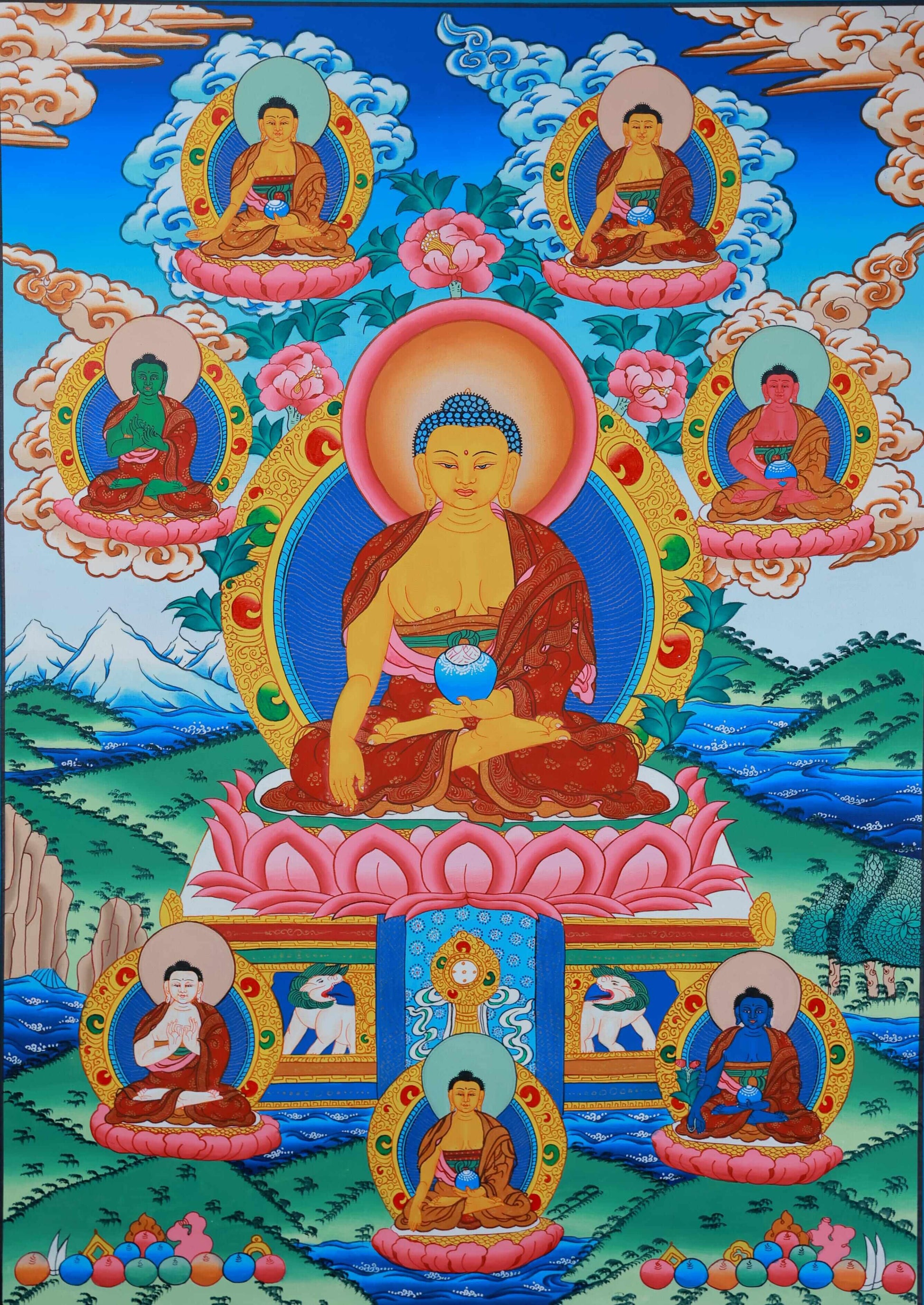 Hand-painted Tibetan Thangka of Medicine Buddha on canvas, made with mineral pigments, symbolizing healing and compassion.