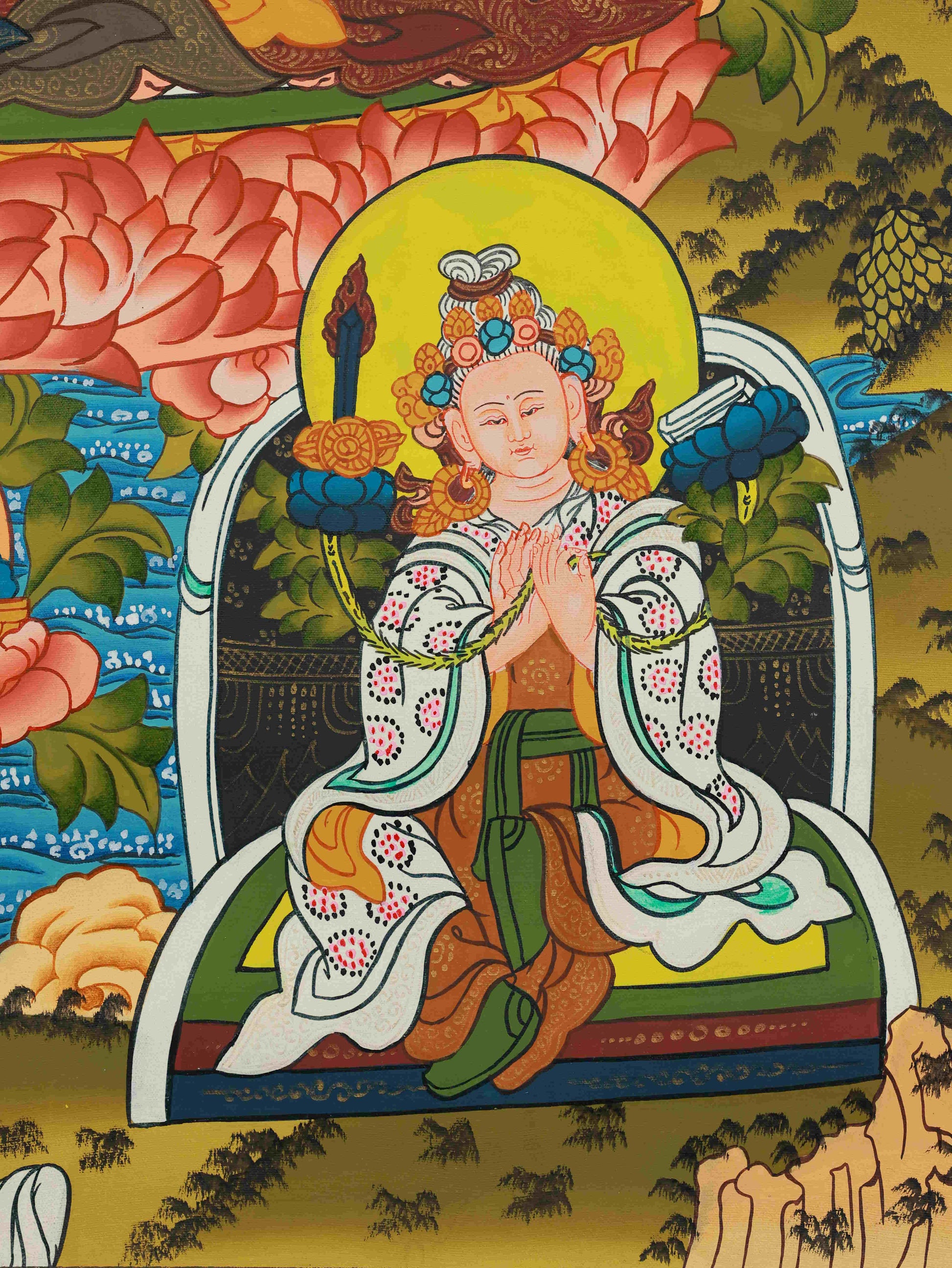 Handcrafted Padmasambhava Thangka in Tibetan-Buddhist style, symbolizing compassion and enlightenment through Buddha art.