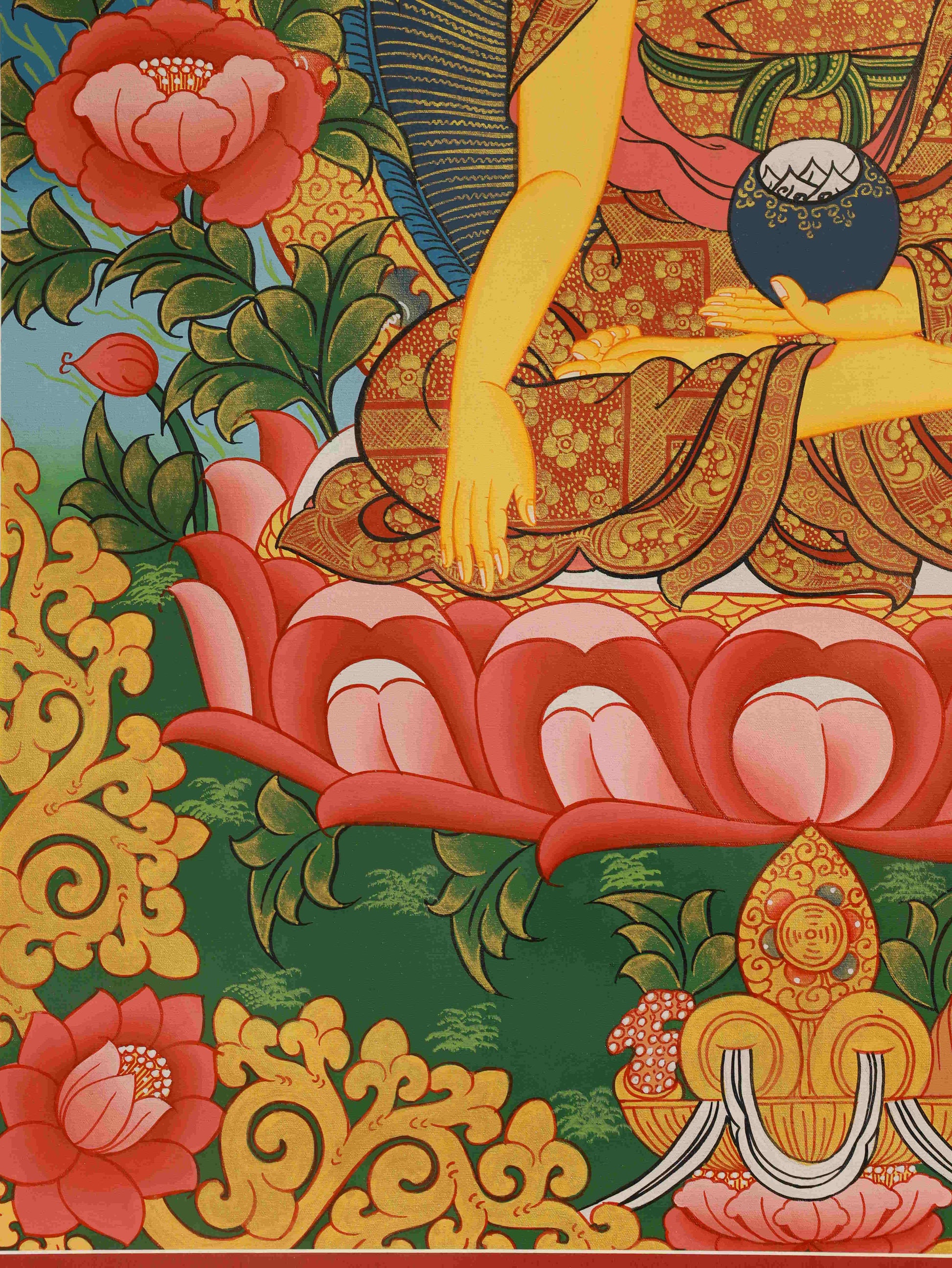 Sacred Tibetan Buddhist Shakyamuni Thangka painting, pure hand-painted Buddha art using natural mineral colors.
