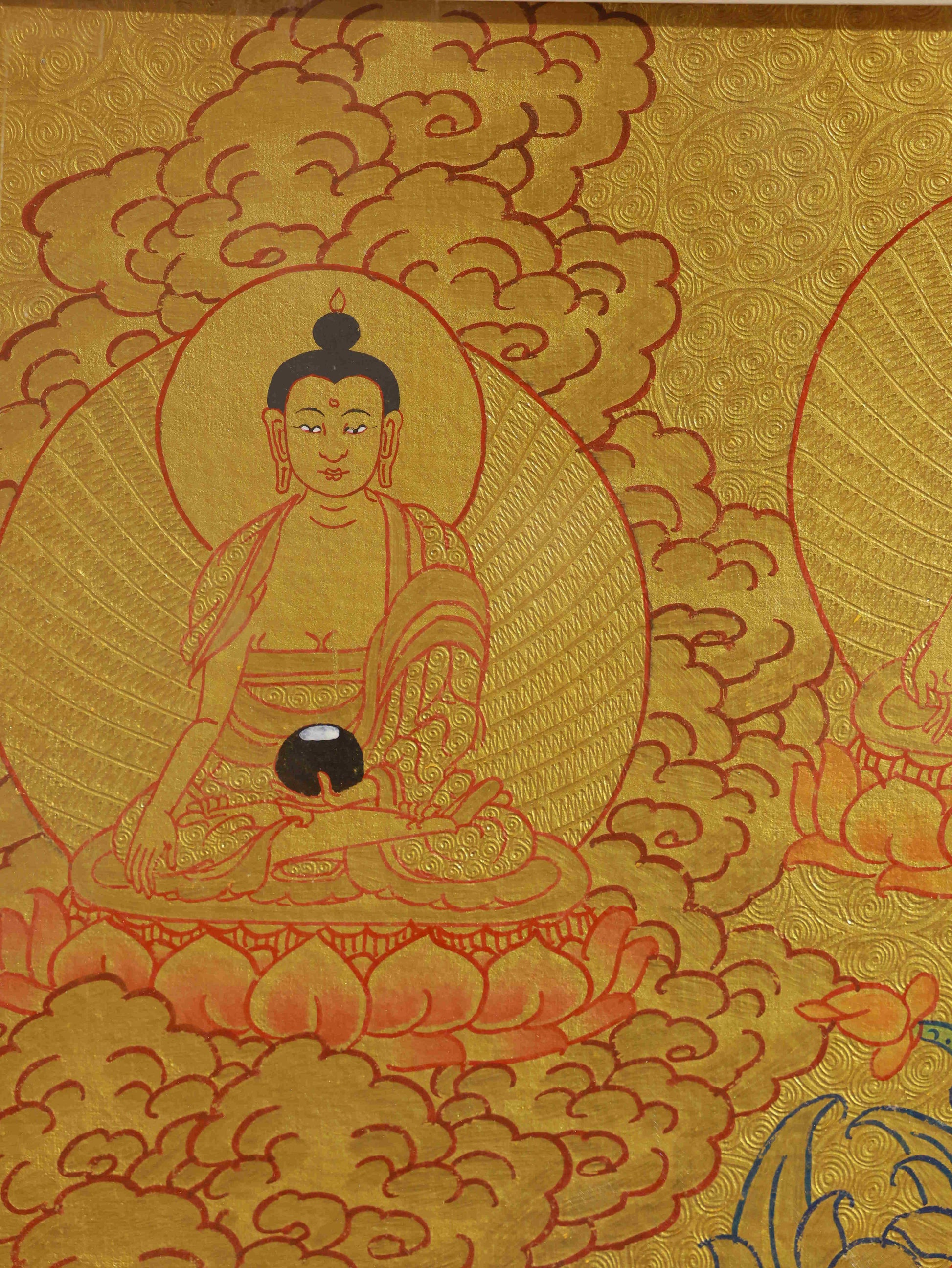 Hand-painted Tibetan-Buddhist Shakyamuni Thangka featuring traditional Tibetan Buddha art on canvas, symbolizing enlightenment and compassion.