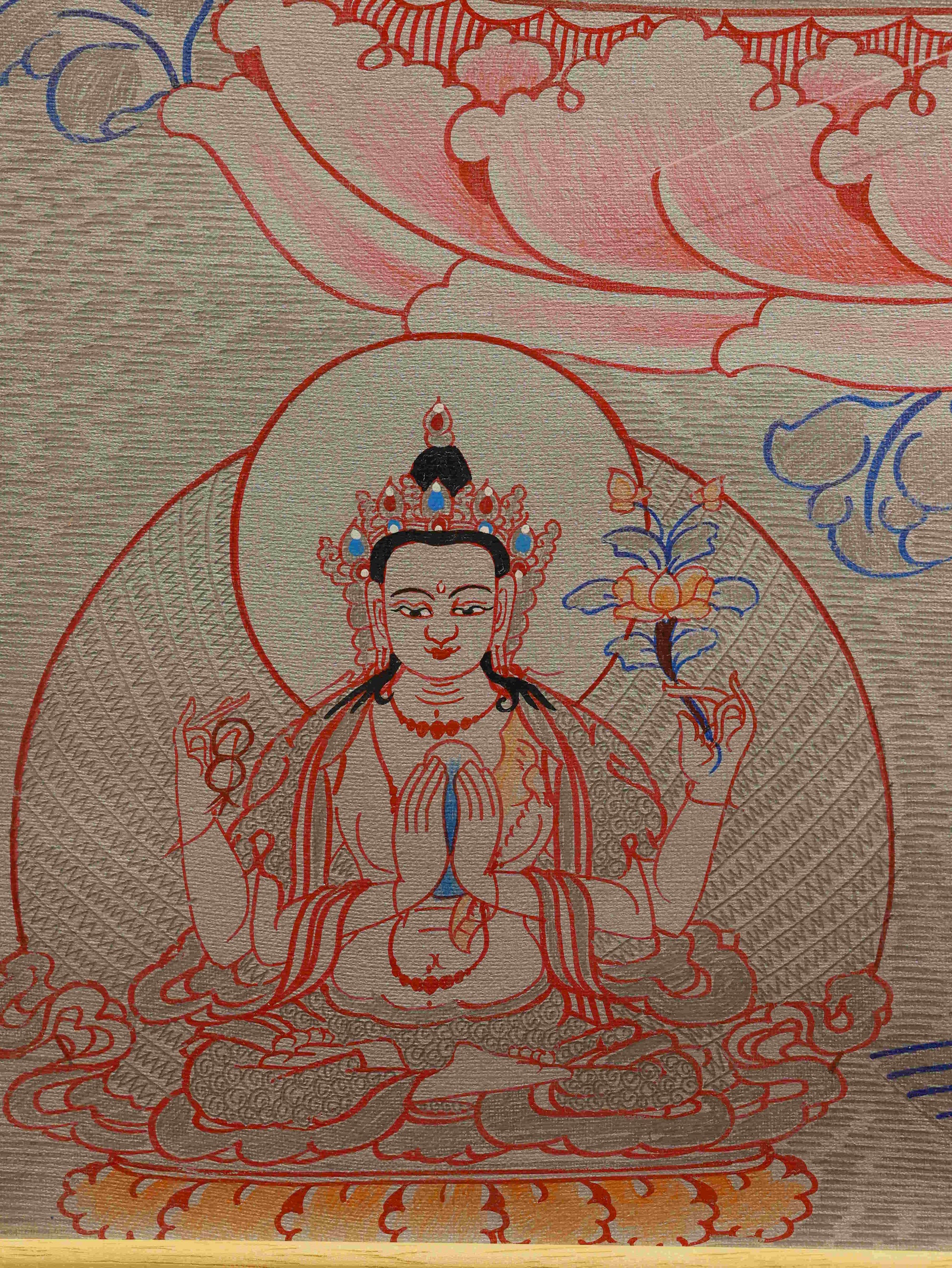 Authentic hand-painted Silver Foil Manjushri Tibetan Thangka for meditation.