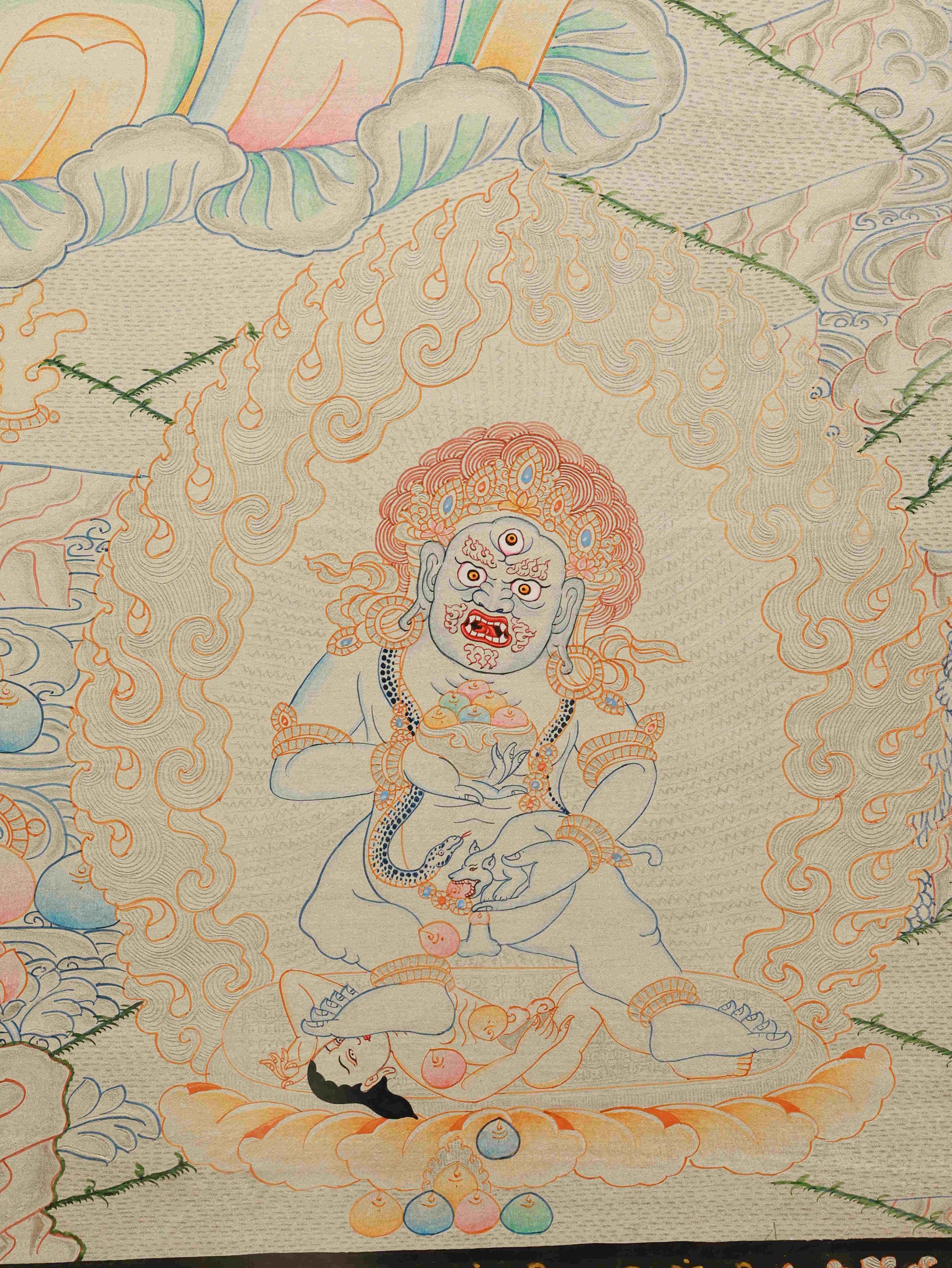 Hand-painted Tibetan Thangka of Yellow Jambhala – Silver Foil Buddhist wealth deity painting for abundance and blessings.
