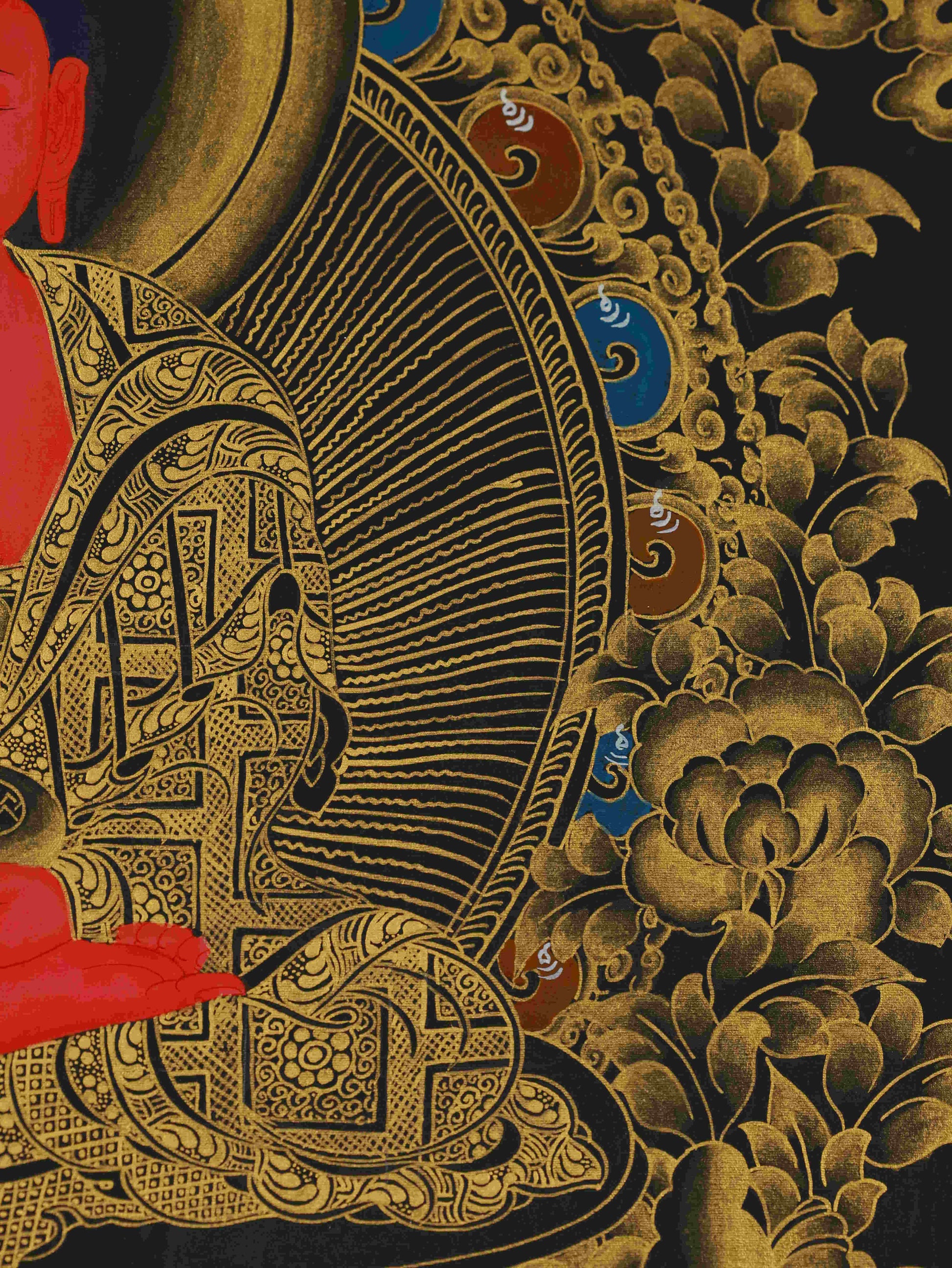 Hand-painted Amitabha Black and Gold Tibetan Thangka – Buddhist art representing peace, compassion, and enlightenment.