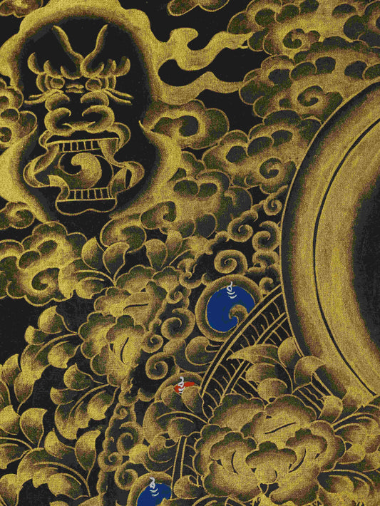 Tibetan Buddhist Green Tara Thangka Painting in Black and Gold – sacred thangka art representing compassion and protection.