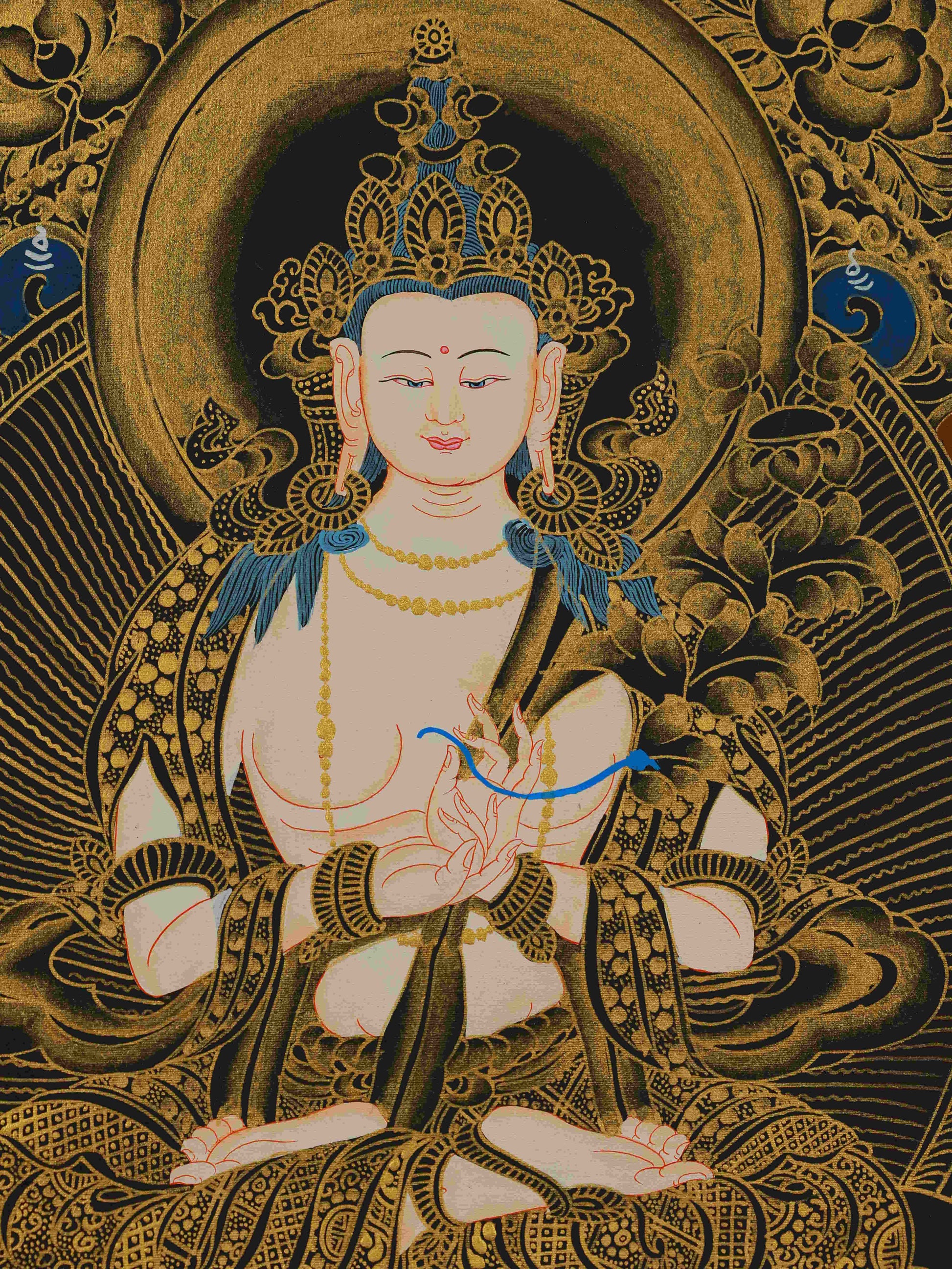 Black and Gold Tibetan Thangka Painting of Samantabhadra Bodhisattva – handmade Buddhist art for meditation.