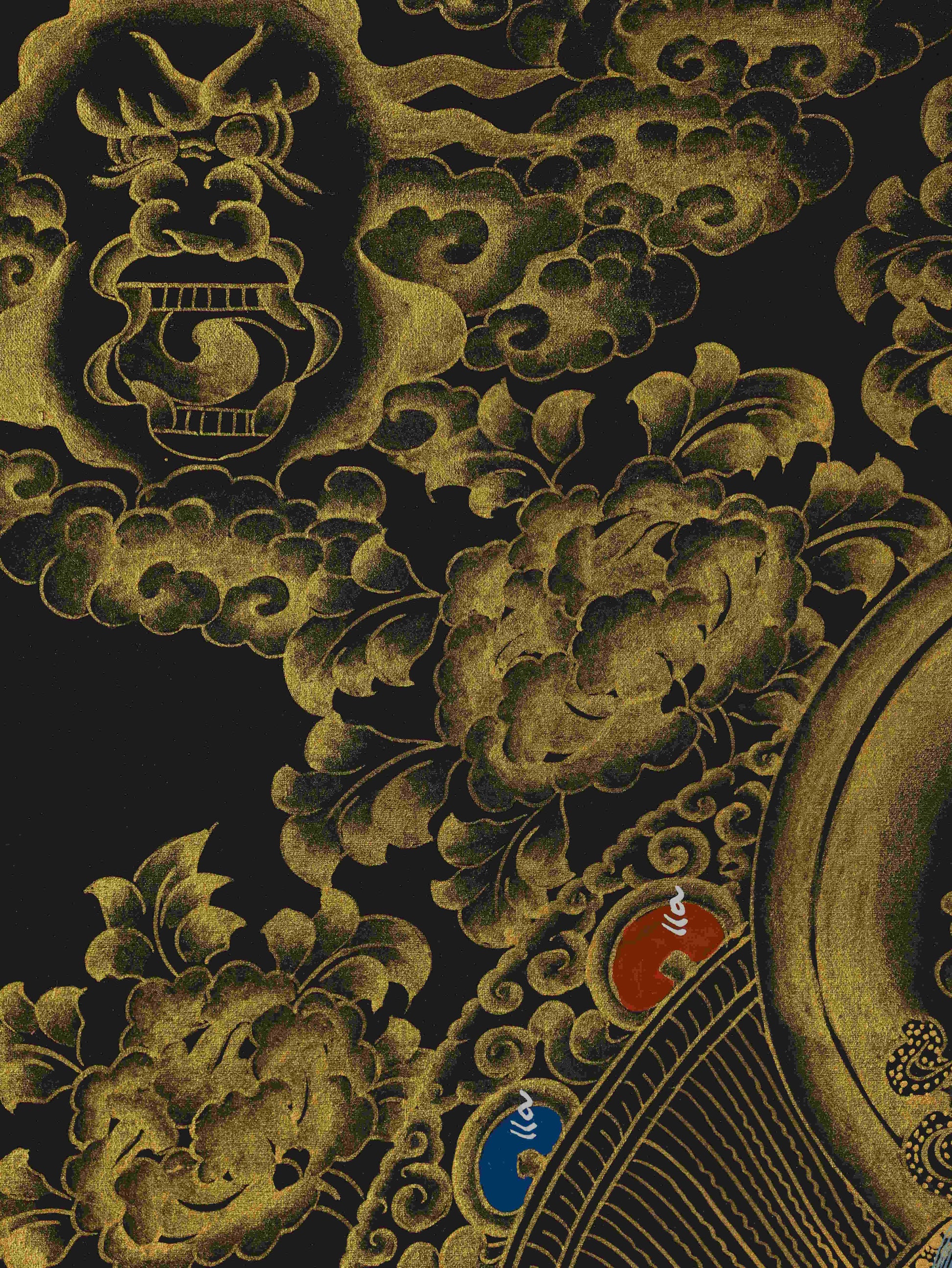 Handcrafted Black and Gold Samantabhadra Bodhisattva Thangka – traditional Tibetan Buddhist art of compassion and insight.