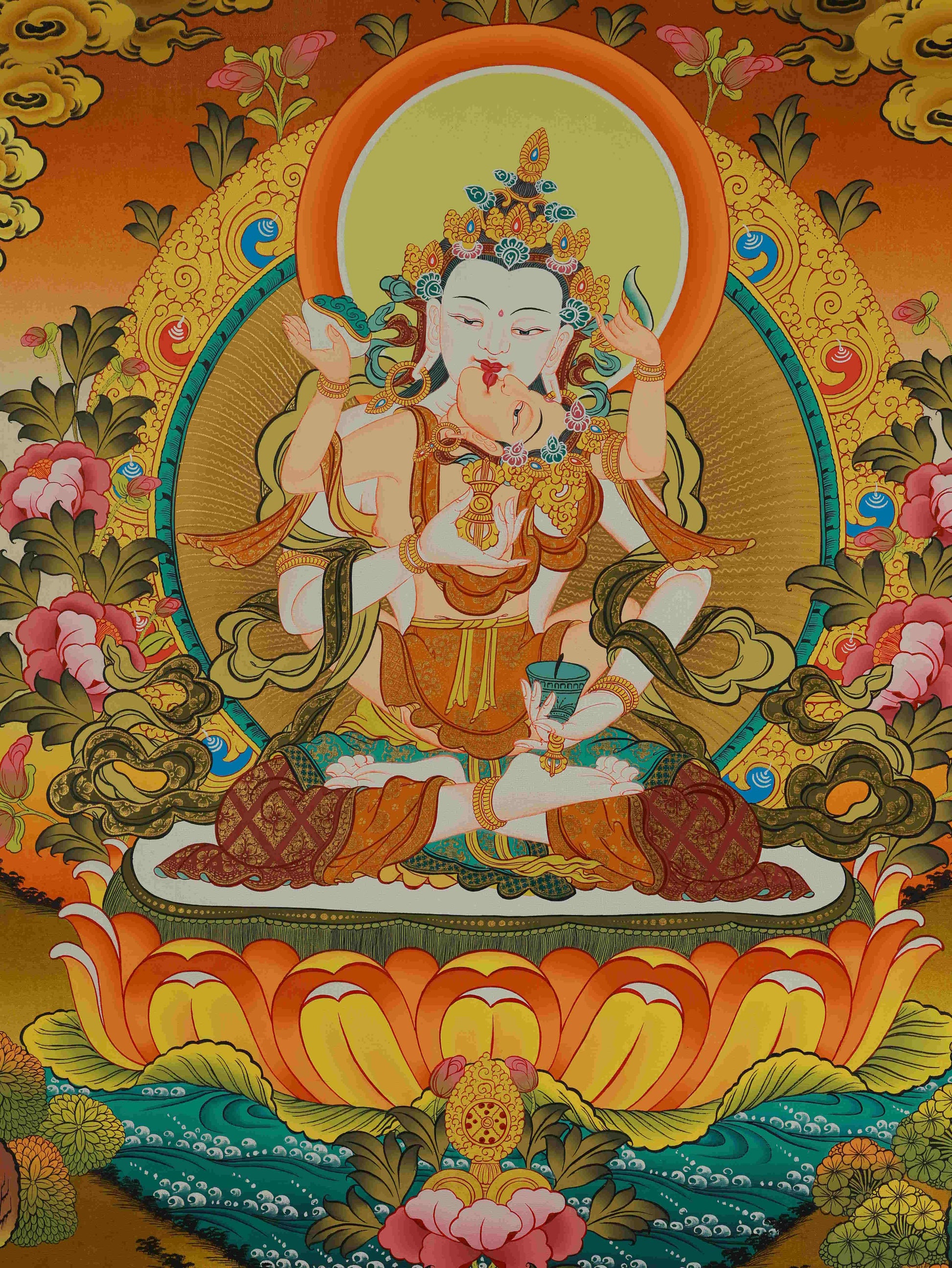 Hand-painted Tibetan Buddhist Thangka – Yab-Yum Vajrasattva sacred art for devotion and meditation.