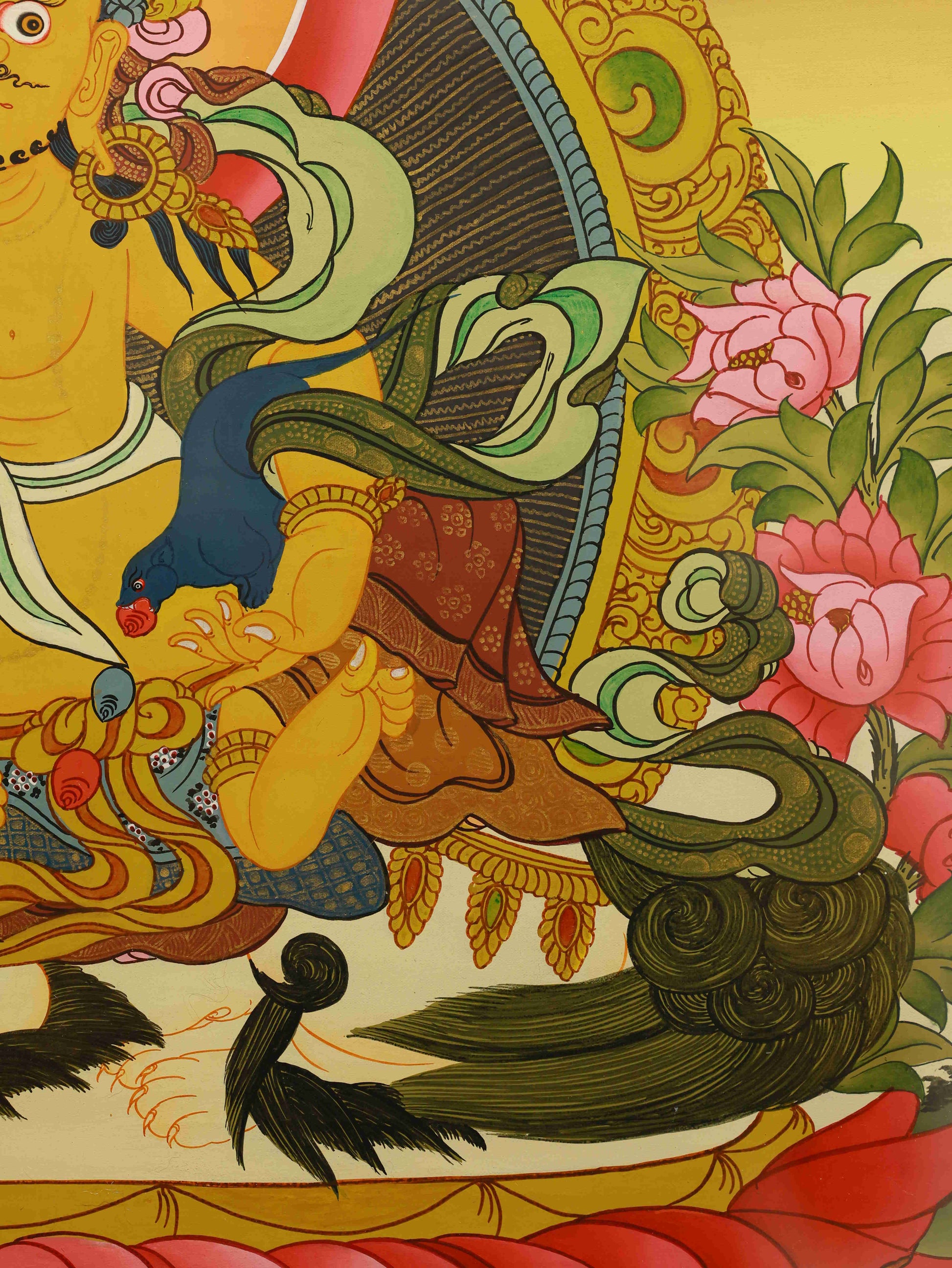 Hand-painted Tibetan Thangka of Yellow Dzambhala – Bringing Wealth and Abundance