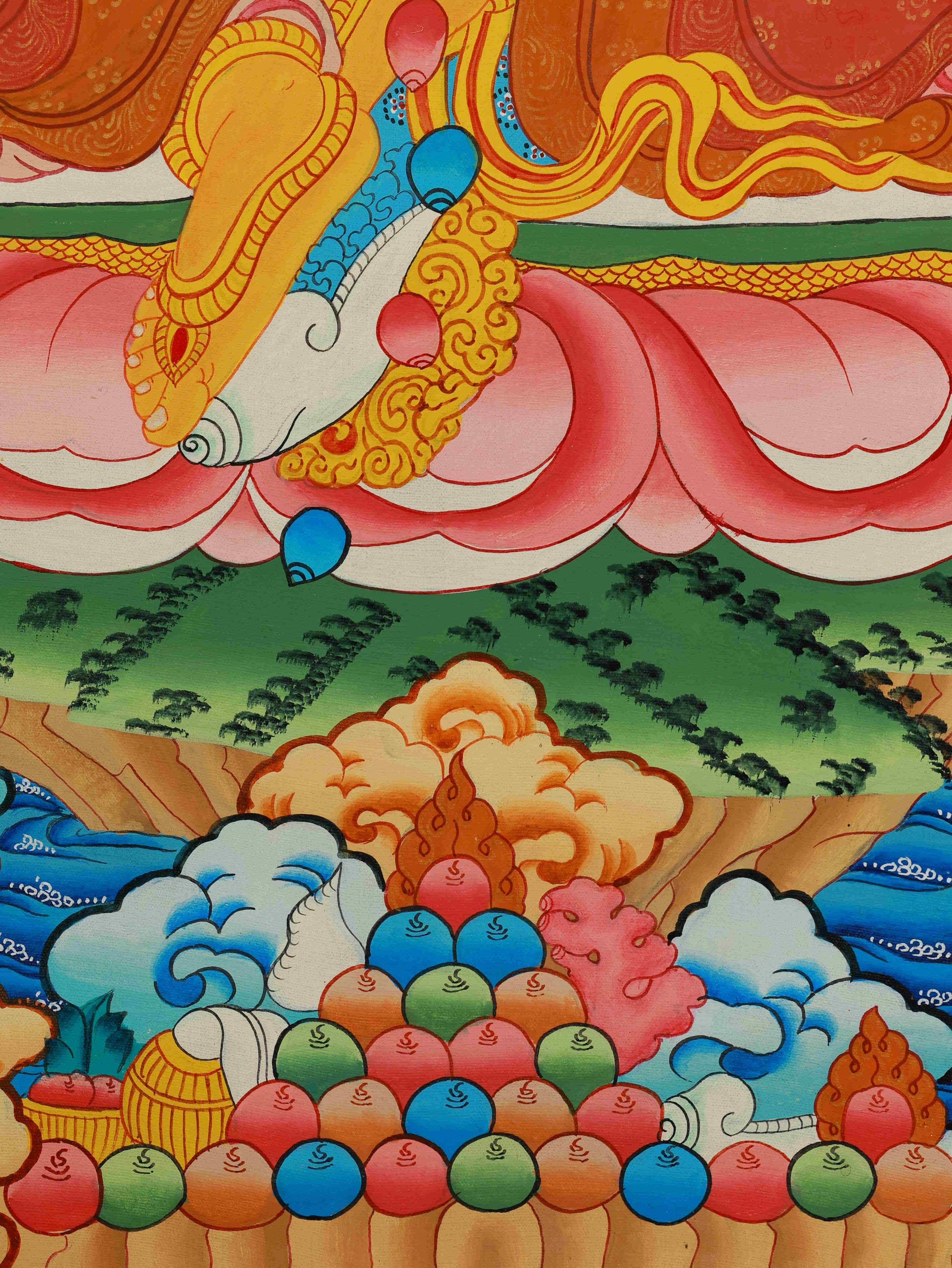 Tibetan-Buddhist Yellow Jambhala Thangka painting using natural mineral pigments, symbolizing wealth and spiritual blessings.