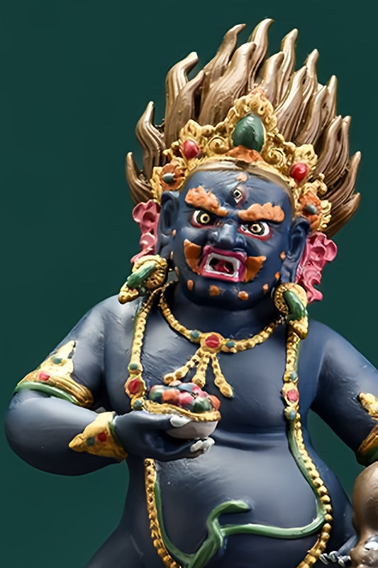 Tibetan Buddhist copper Black Jambhala statue, hand-painted with mineral colors, a powerful wealth deity in Tibetan Buddha art.