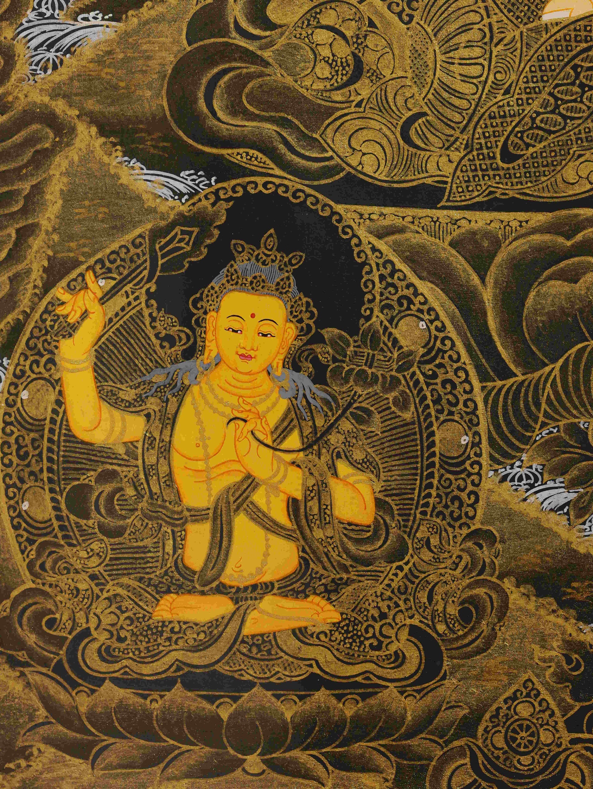 Handmade black gold Compassion Thangka, Tibetan Buddha art piece symbolizing purity, serenity, and infinite mercy.