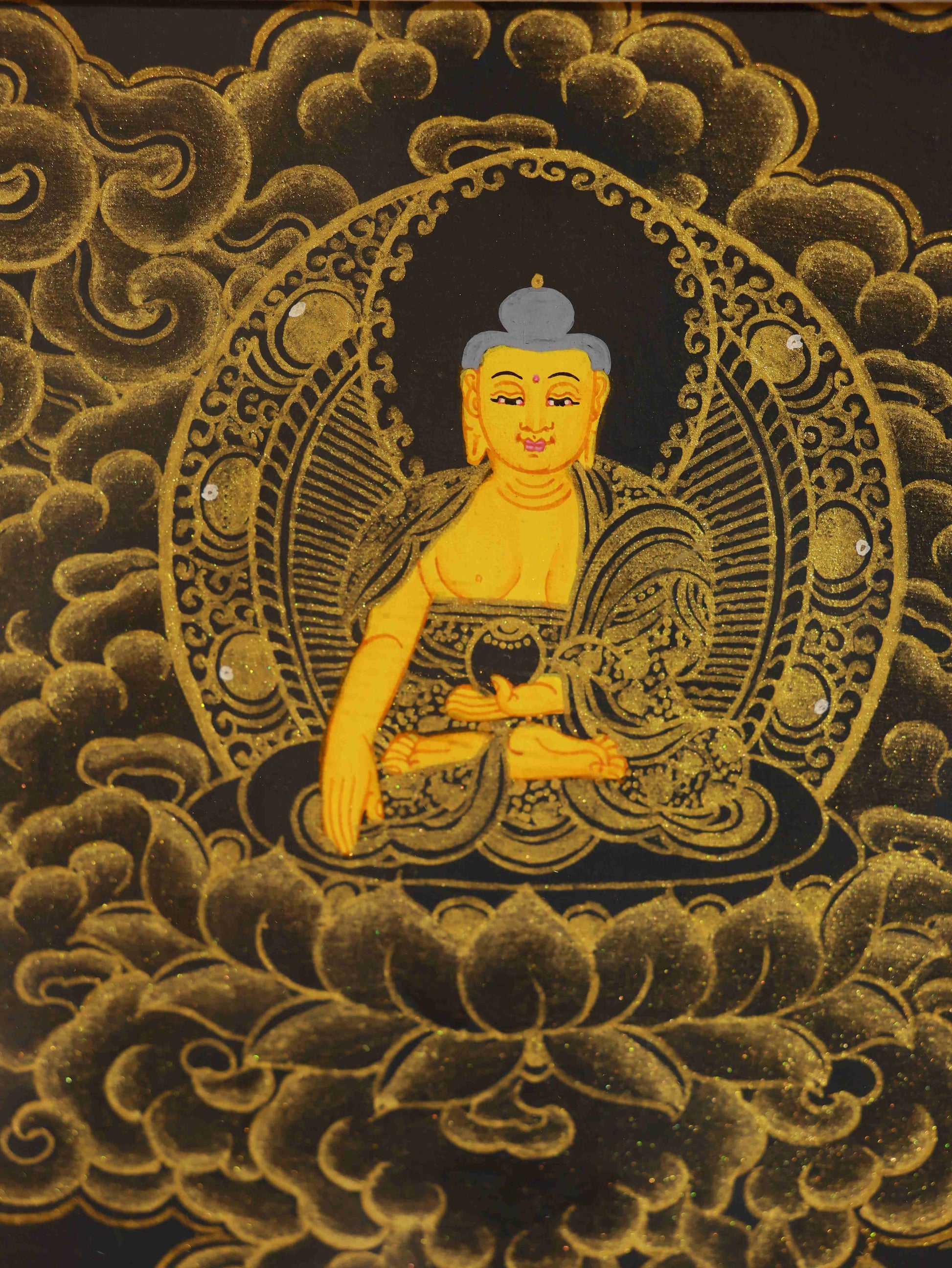 Traditional Tibetan black gold Four-Armed Buddha Thangka, hand-painted masterpiece of Buddha art and sacred devotion.