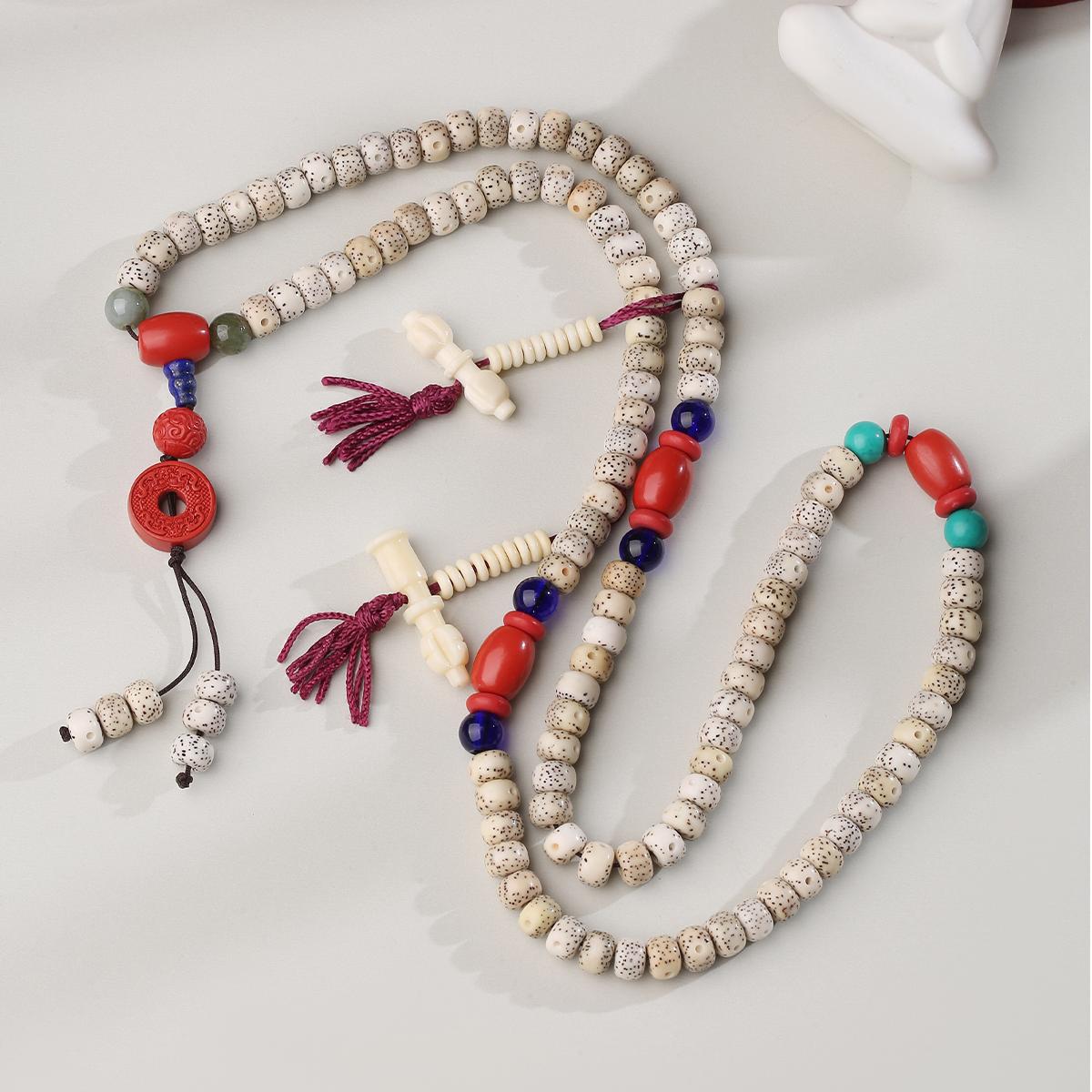 Tibetan Buddhist cinnabar bodhi mala necklace with ornamental pendant art