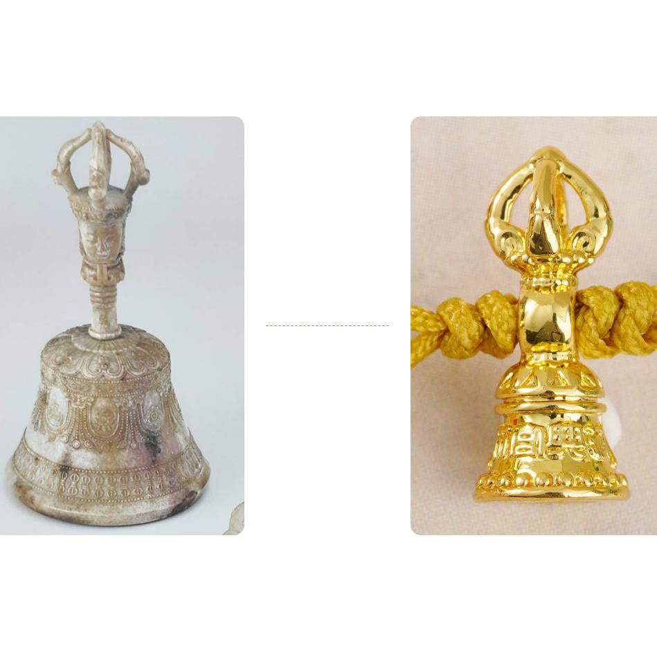 Red cinnabar Buddhist mala with copper blessing bell, amber and glass beads.