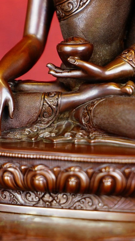 "A handcrafted Tibetan Buddhist Amitabha Buddha statue made of copper and mineral paints. A spiritual art piece that brings peace and harmony to your space." 