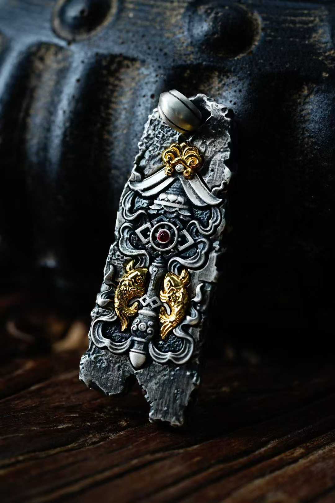 Tibetan Buddhist Eight Treasures pendant handcrafted in S925 silver and copper