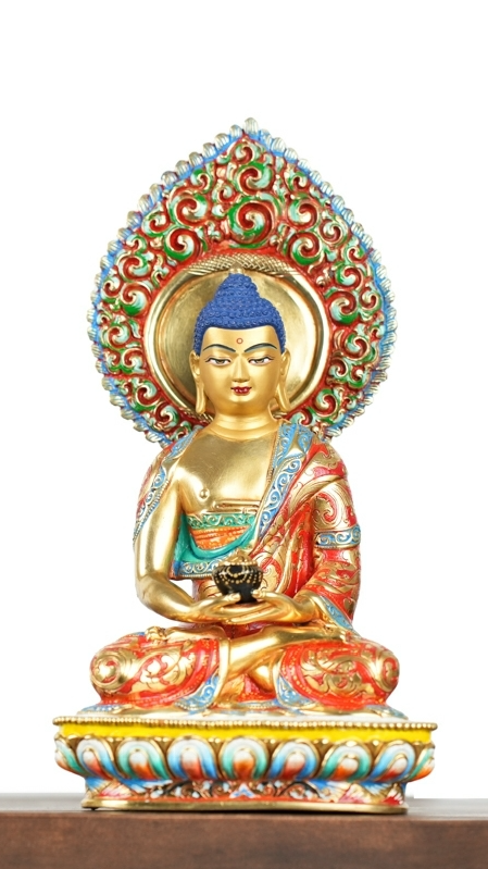 Gilded and handcrafted Five Dhyani Buddhas statue in Tibetan Buddhist style. Richly detailed with mineral pigments, this piece symbolizes spiritual wisdom and serenity.