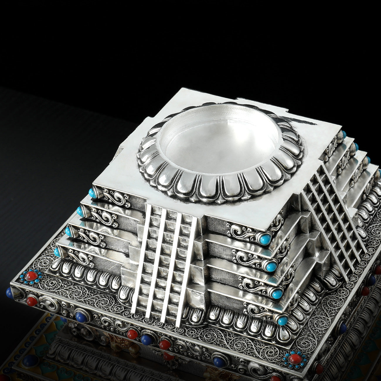 Tibetan Buddhist sacred stupa statue featuring brass craftsmanship with gilded gold and silver accents.

