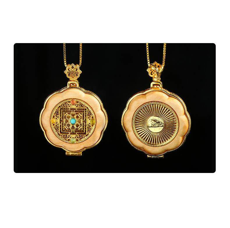 Tibetan Buddhist handmade sandalwood silver locket used for carrying incense or spiritual fragrance.