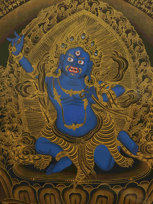Traditional Tibetan black Mahakala Thangka artwork, created with mineral pigments on sacred canvas.