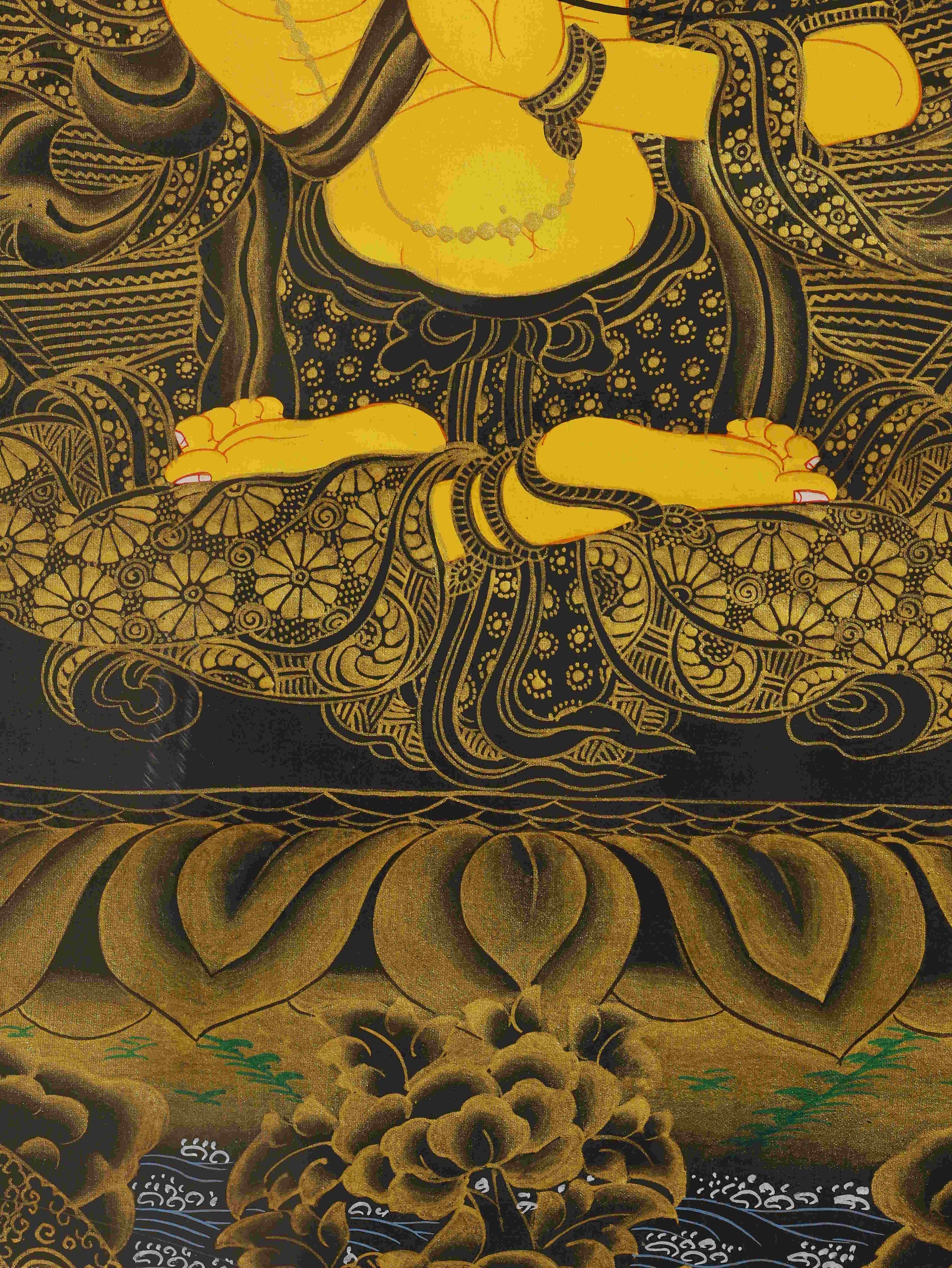 Traditional Tibetan Buddhist Thangka of Manjushri, symbolizing supreme wisdom, painted by hand using natural mineral pigments on fine canvas.