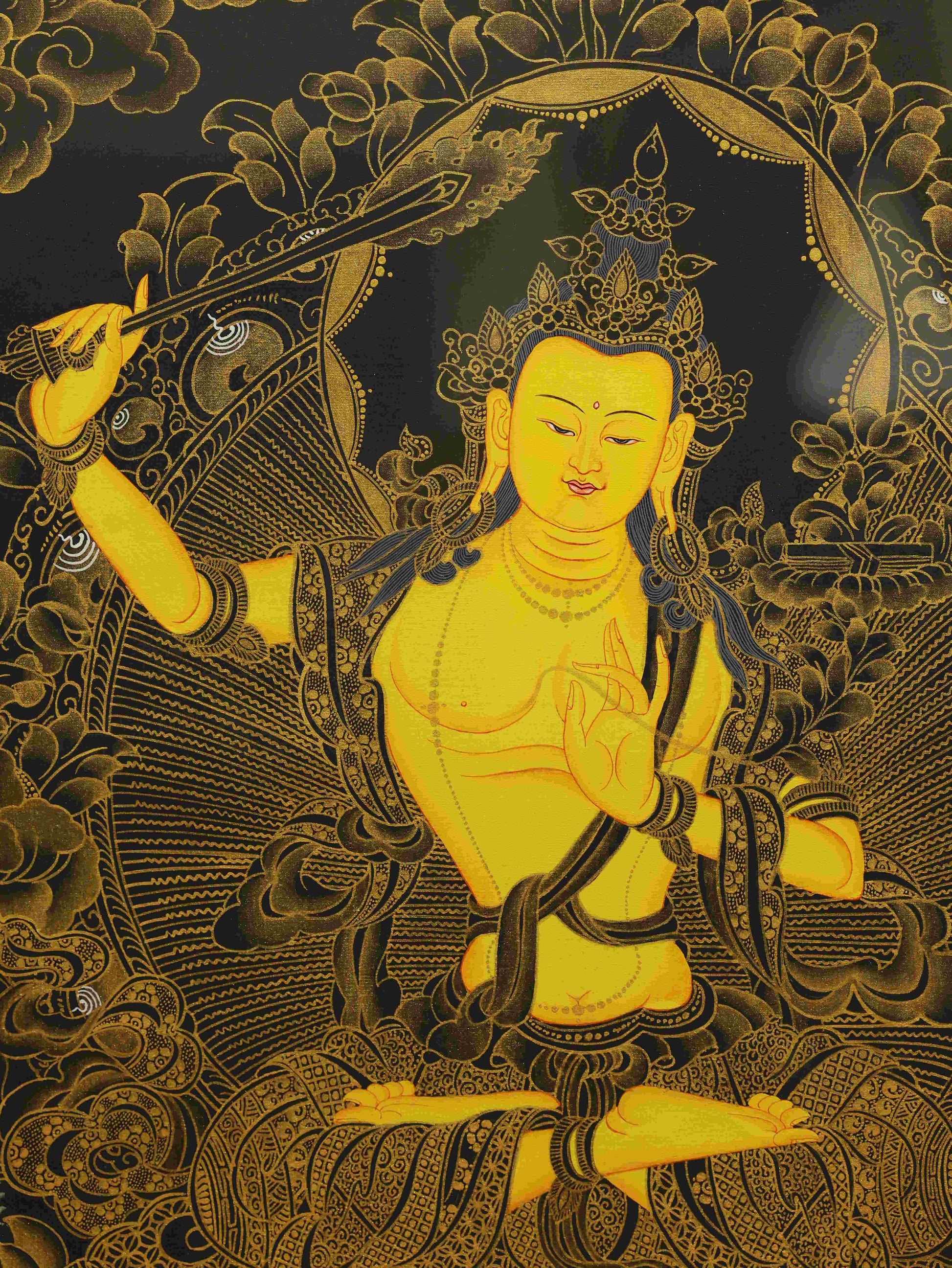 Handmade Tibetan Thangka of Manjushri, painted with natural mineral pigments on sacred canvas.