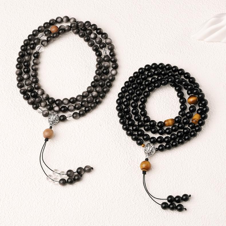Tibetan Buddhist handcrafted mala made of silver obsidian old mountain sandalwood and silver connector