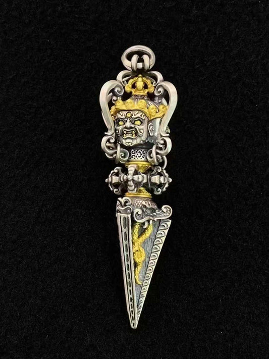 Handcrafted Tibetan Buddhist Phurba Vajra pendant made of S925 silver with fine inlay craftsmanship.