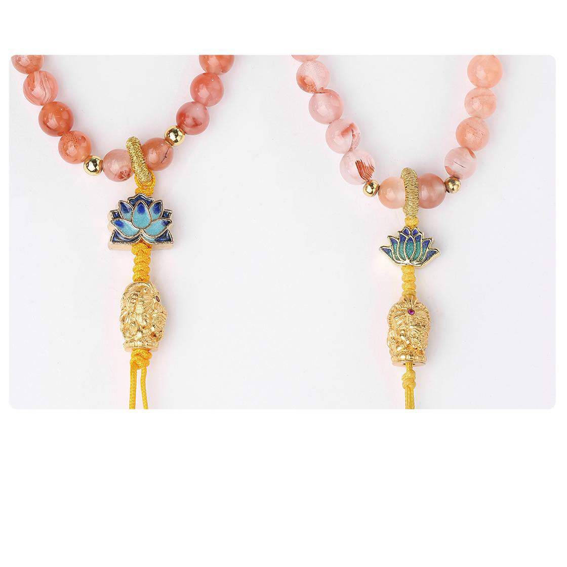 Tibetan Buddhist red agate mala featuring Zakiram copper carved charm and handcrafted details.