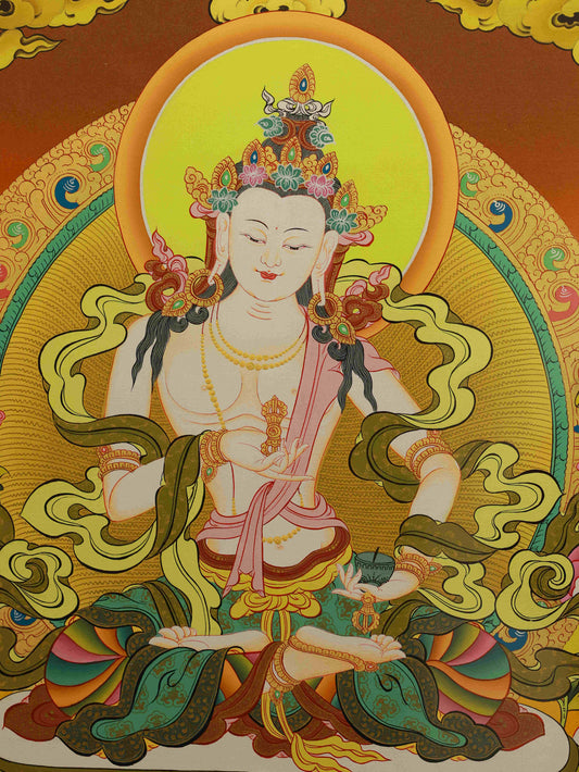 Traditional Tibetan Thangka painting of Samantabhadra, handmade with mineral pigments on canvas.