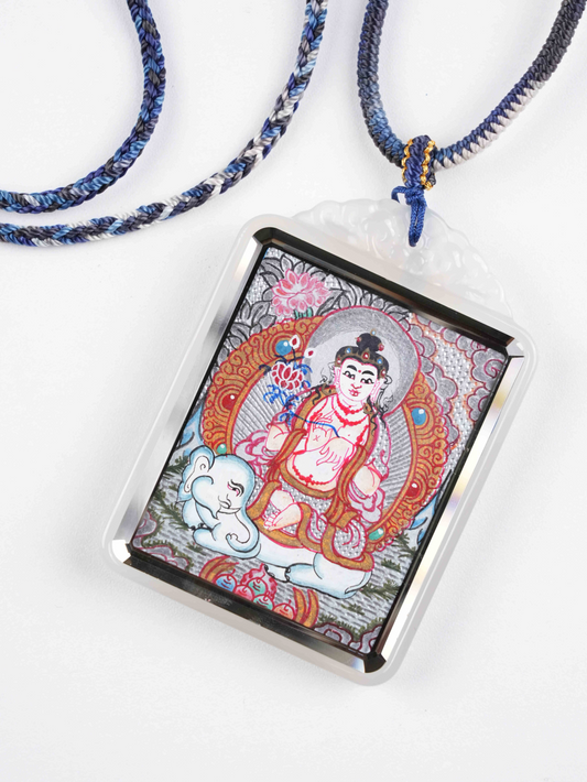 Hand-painted Samantabhadra Bodhisattva Zodiac Protector Thangka pendant crafted on sacred Tibetan canvas.