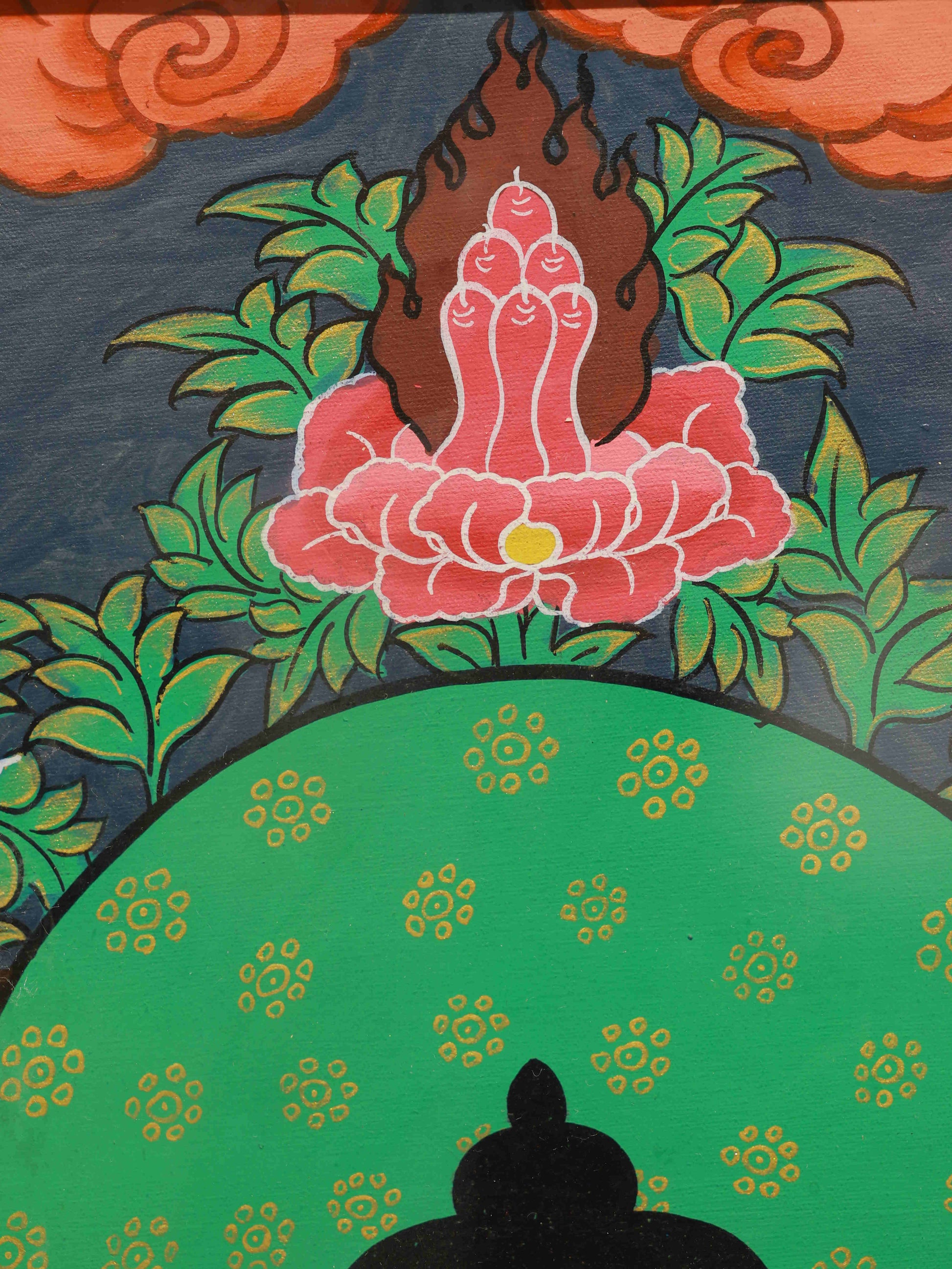 Sacred hand-painted Thangka of Buddha Shakyamuni, made with natural pigments on thangka canvas.