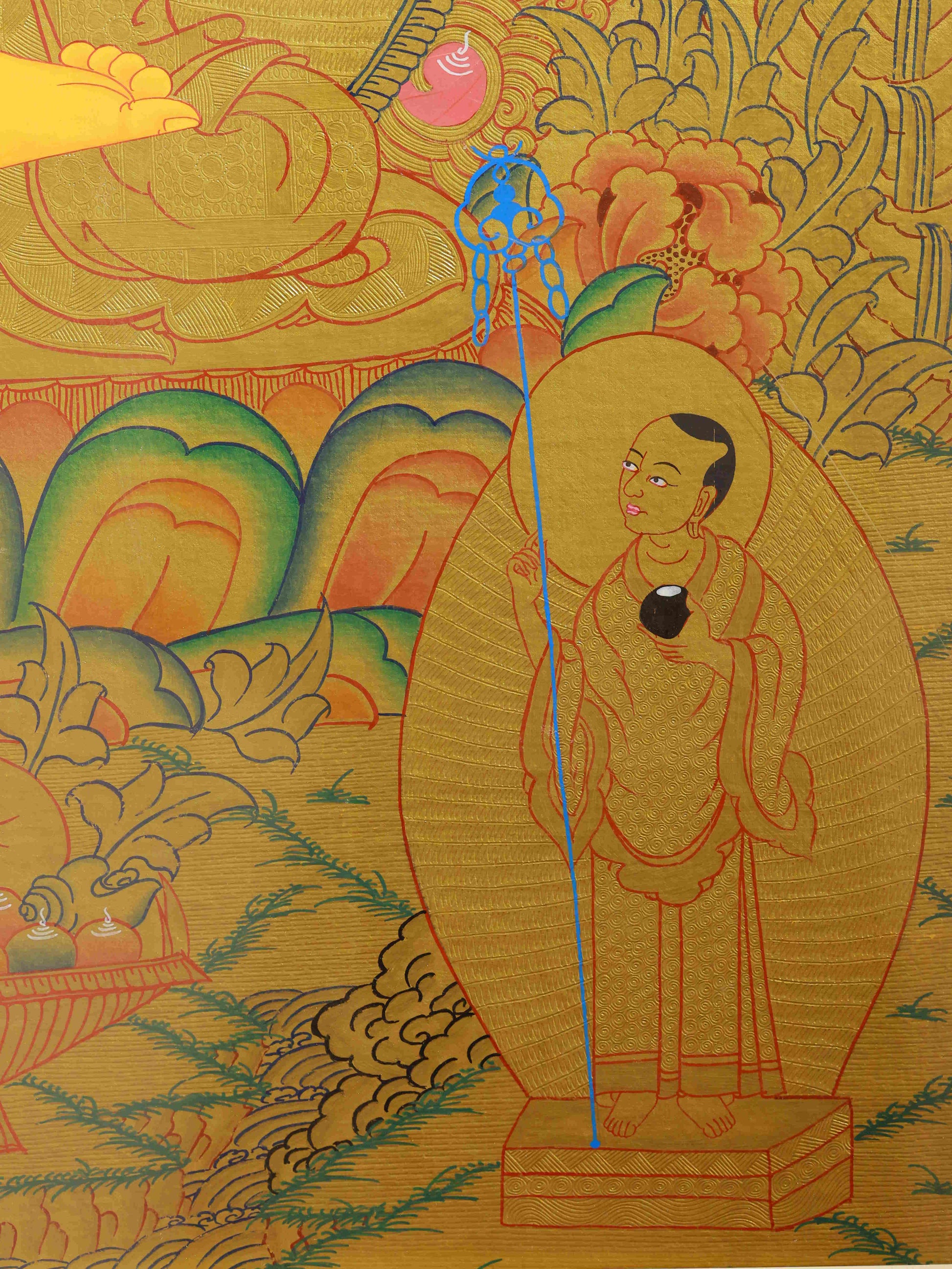 Exquisite Tibetan-Buddhist Shakyamuni Buddha Thangka, handmade with mineral pigments, representing wisdom and peace in Buddha art tradition.