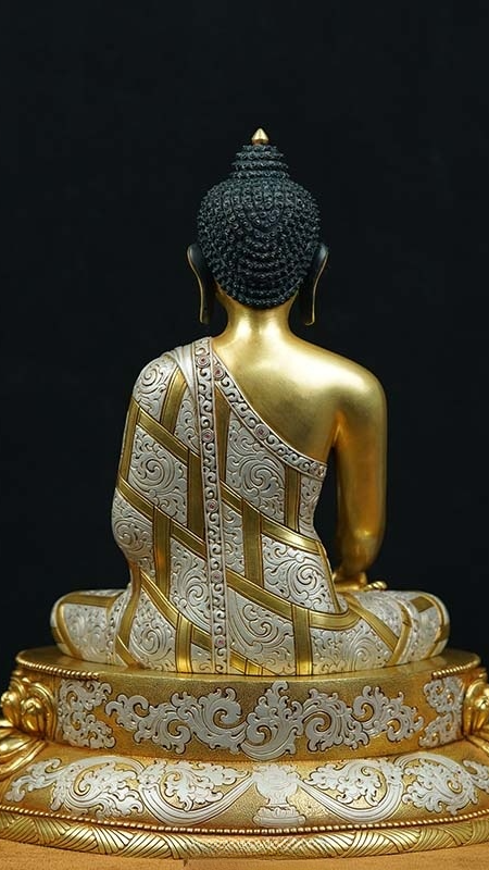 Gilt silver inlay Shakyamuni Buddha statue in Tibetan Buddhist style, handmade Buddha Statue-Art crafted from purple copper with mineral pigments