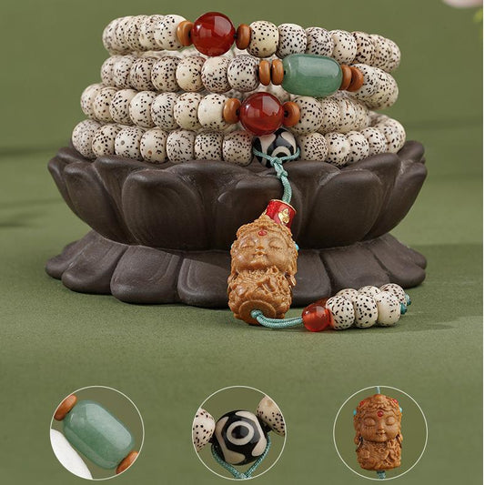 Tibetan Buddhist 108 Starry Bodhi mala featuring Barbidan wood, agate and chalcedony accents, crafted in spiritual thangka-inspired design.