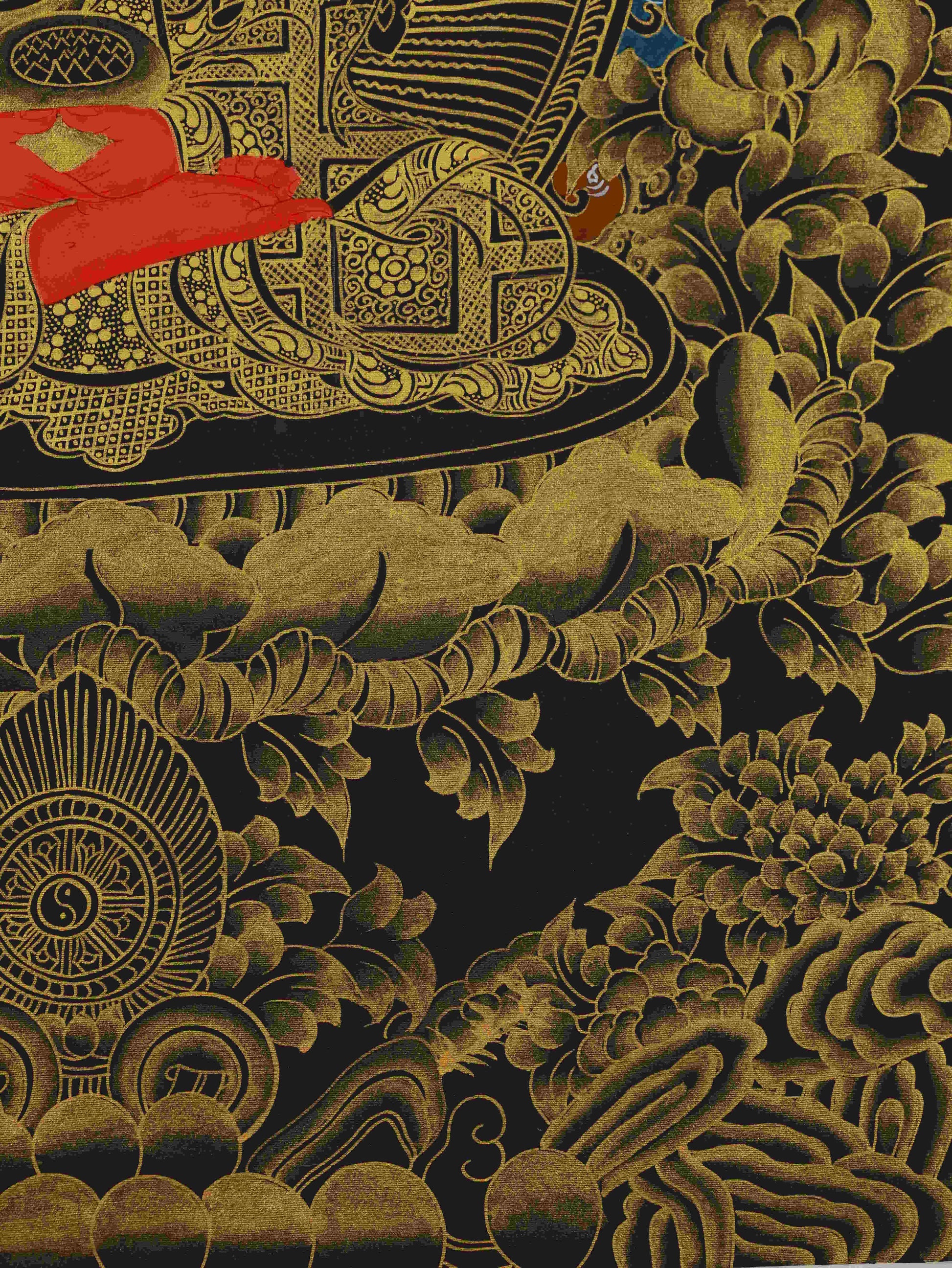 Handcrafted Black and Gold Amitabha Buddha Thangka – authentic Tibetan Buddhist art for meditation and spiritual harmony.
