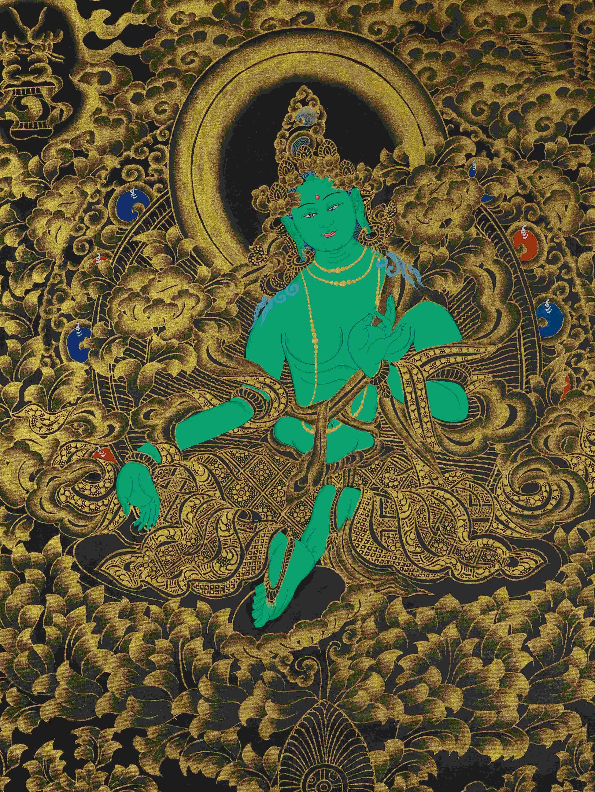 Handcrafted Black and Gold Green Tara Thangka – traditional Tibetan Buddhist art for spiritual harmony.