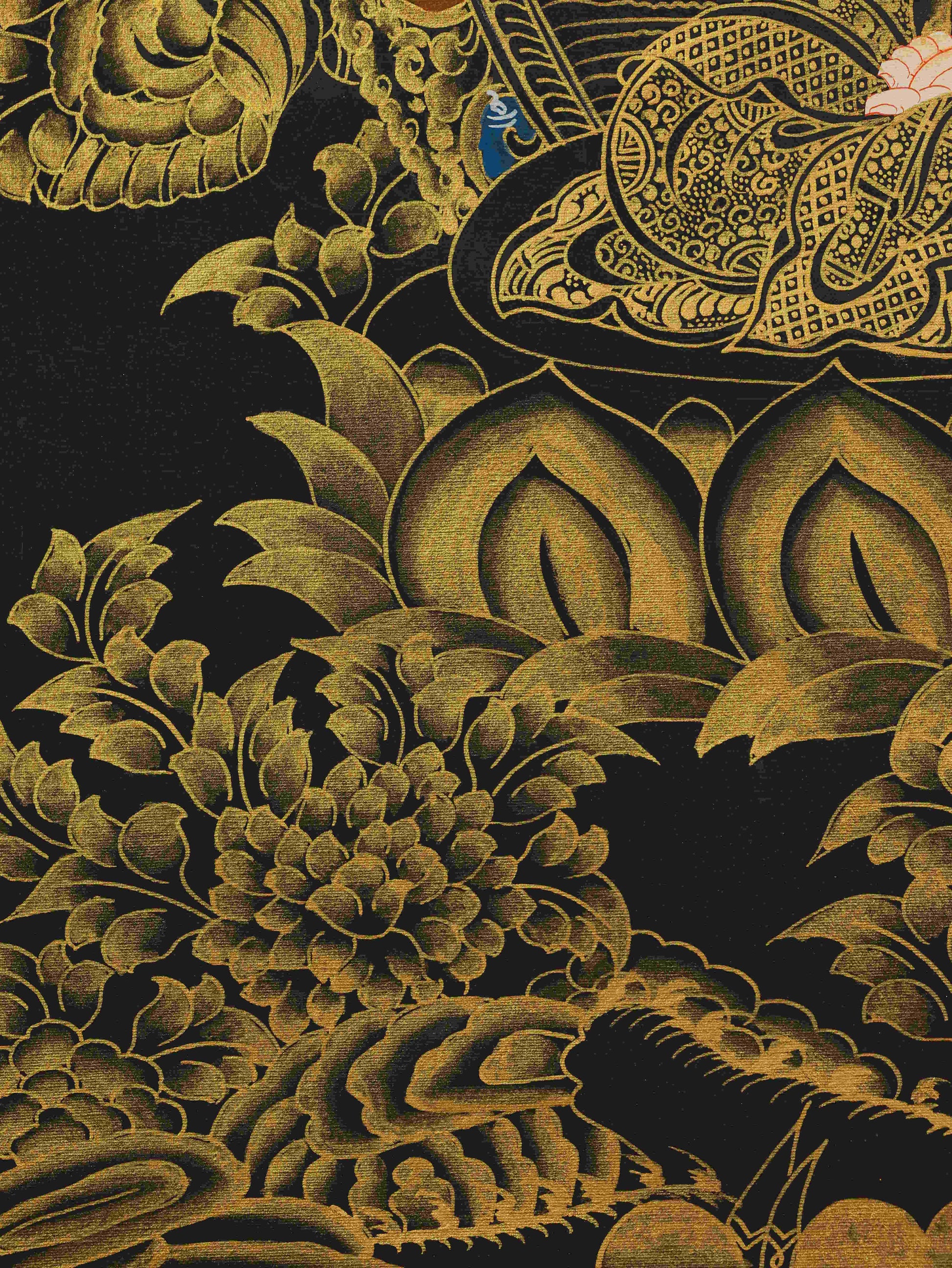 Black and Gold Tibetan Thangka of Samantabhadra Bodhisattva – hand-painted sacred art representing enlightenment and harmony.