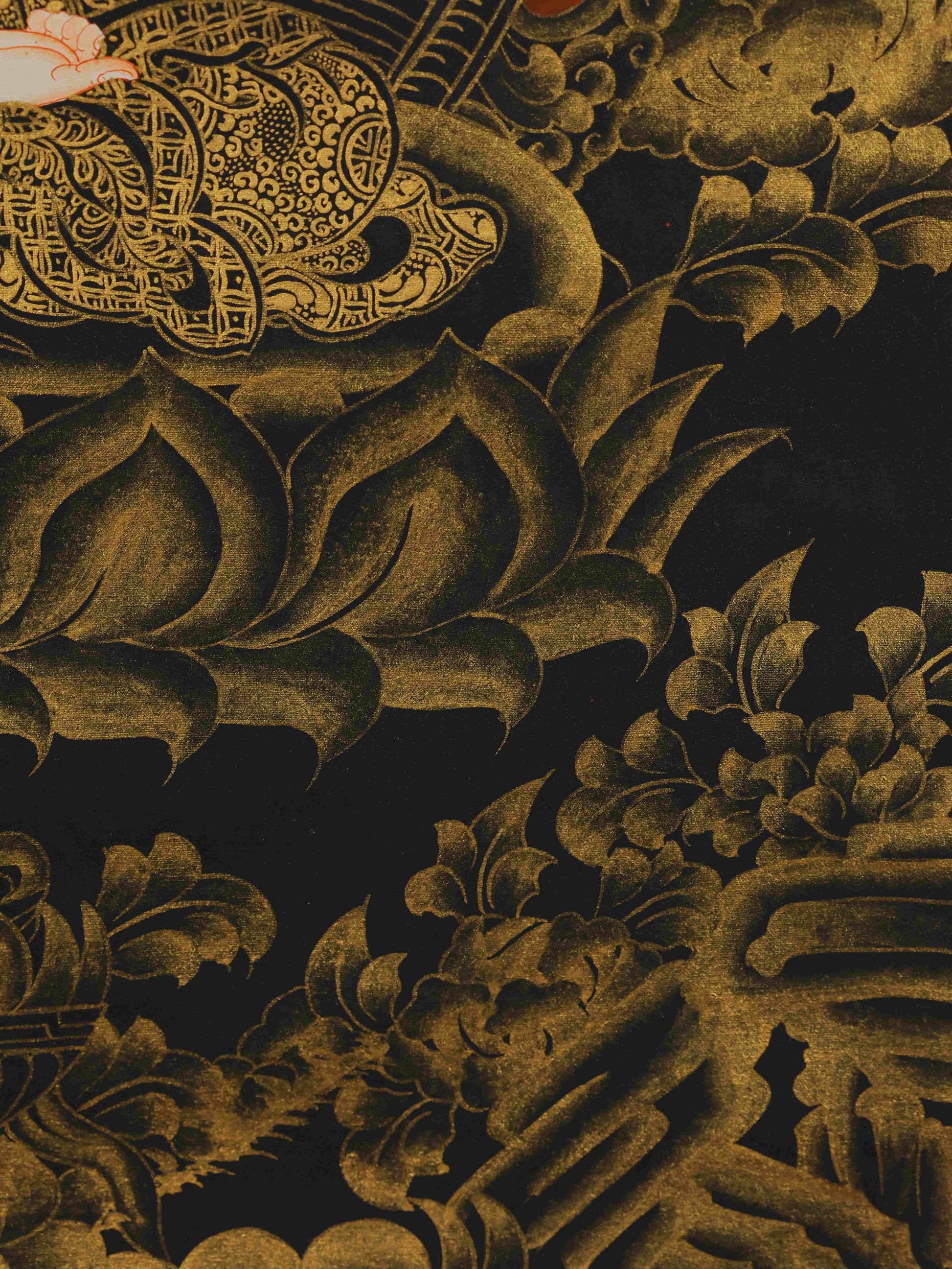 Tibetan Thangka Painting of Samantabhadra Bodhisattva – black and gold sacred artwork crafted on canvas.