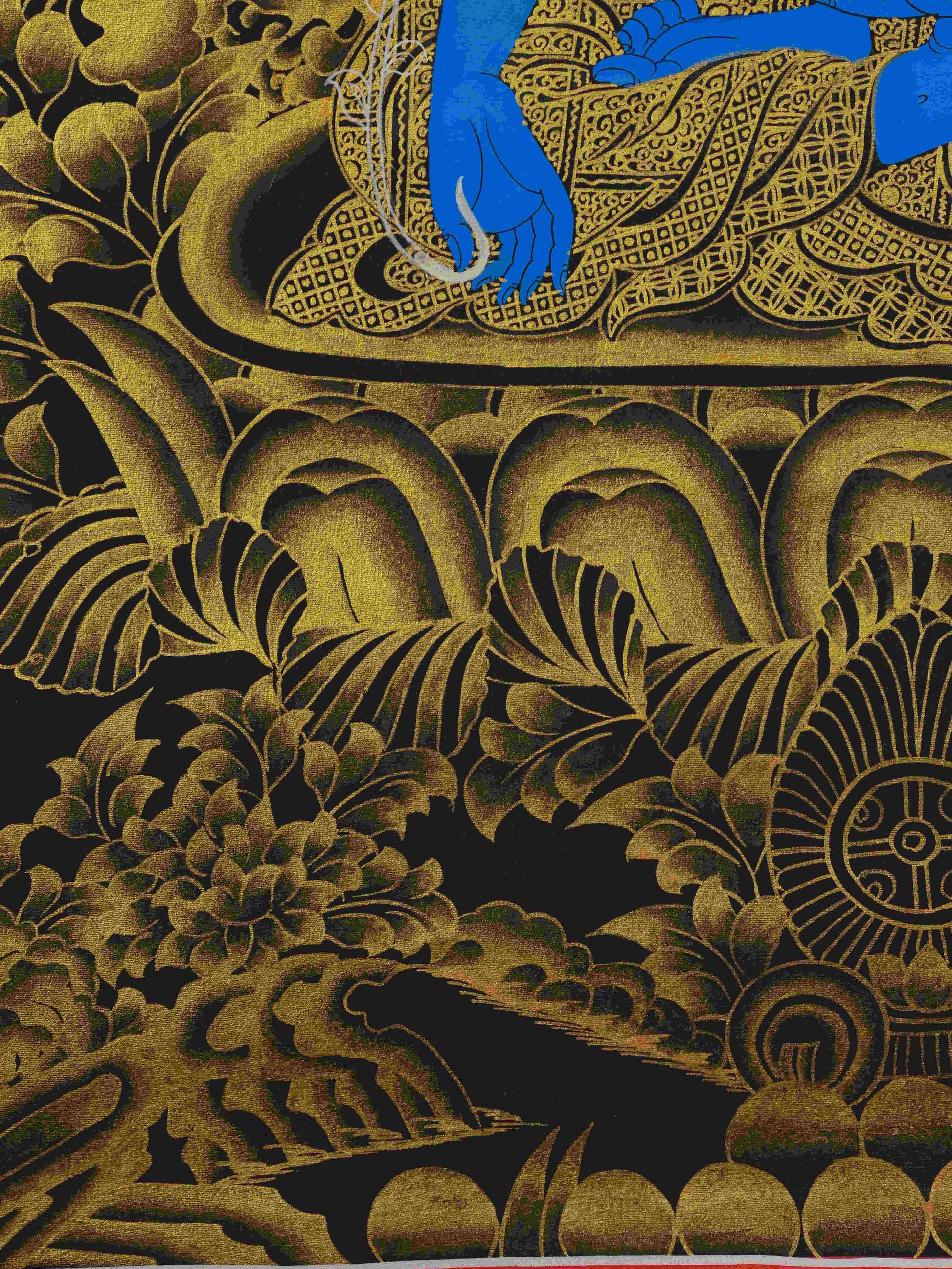 Hand-painted Shakyamuni Black and Gold Tibetan Thangka – Buddhist painting representing wisdom and serenity.