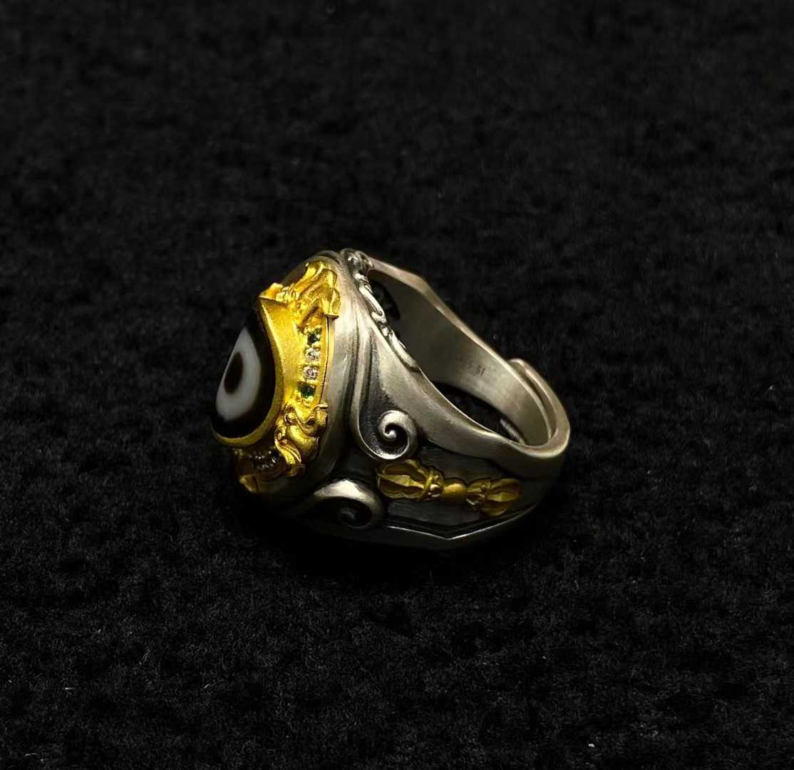 Handmade Tibetan Buddhist vajra ring crafted in S925 silver with smooth aged finish.